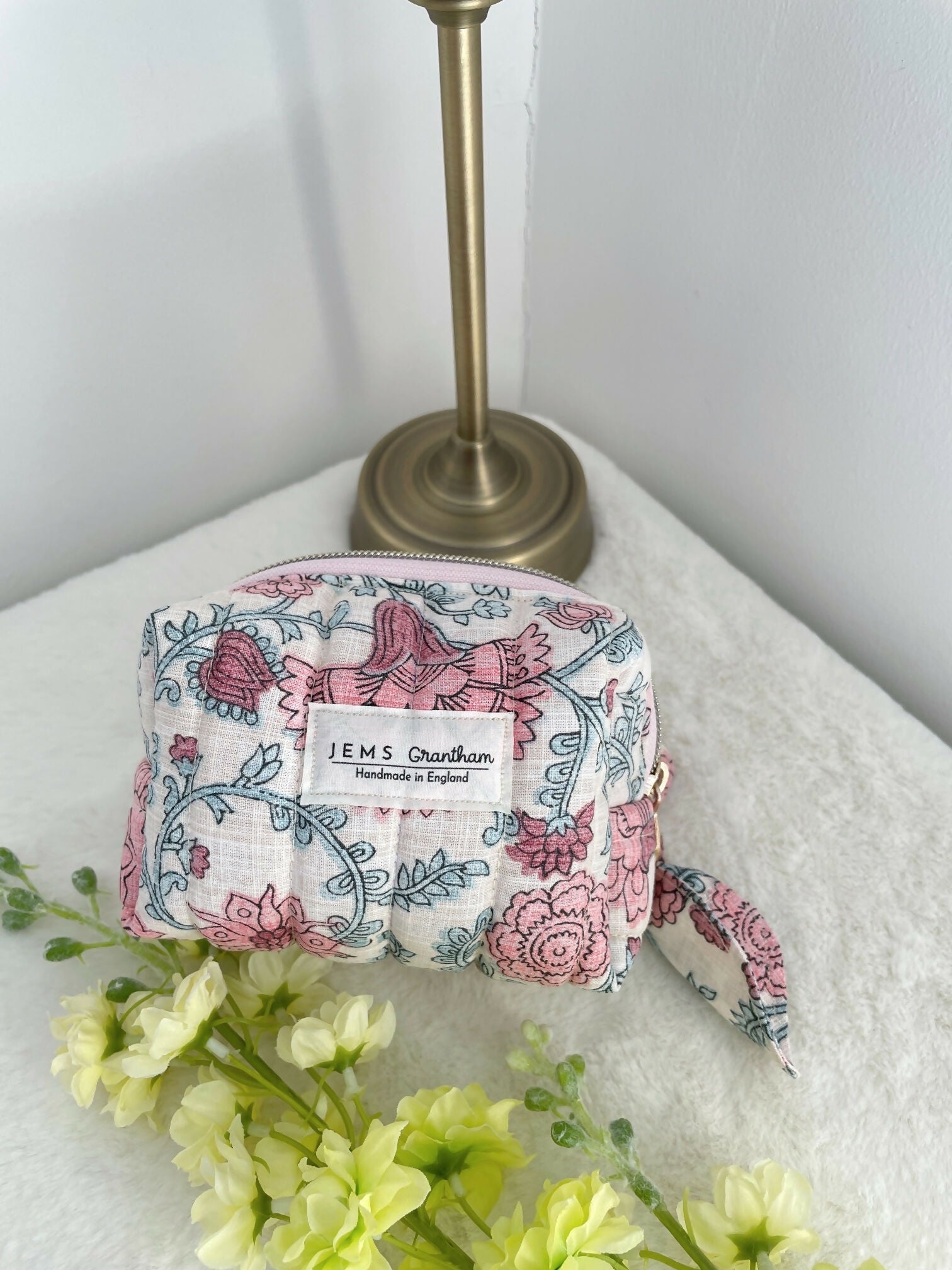 Quilted Toiletry Bag Cream with Pink Floral Design