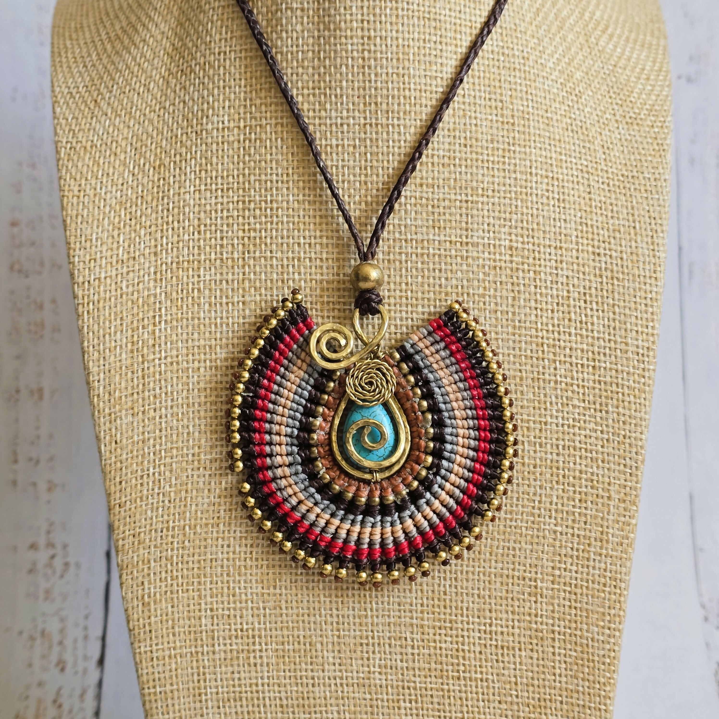 Turquoise Crystal Macramé Necklace; Regal Oval Bohemian Pendant with Gold Spiral Wire-Art