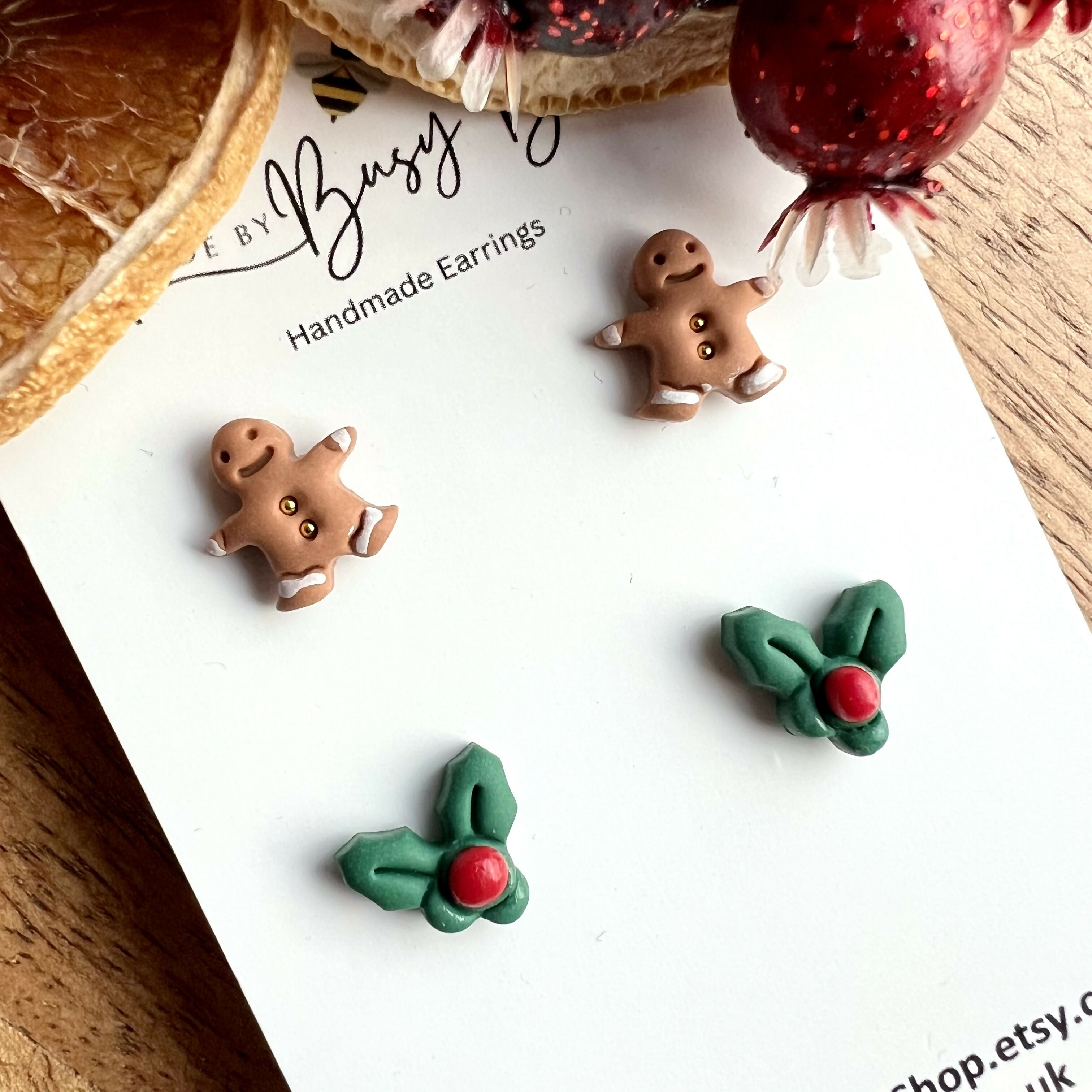 Handmade Christmas Stud Earrings / Set of 2 pairs of Studs / Handmade Polymer Clay Jewellery