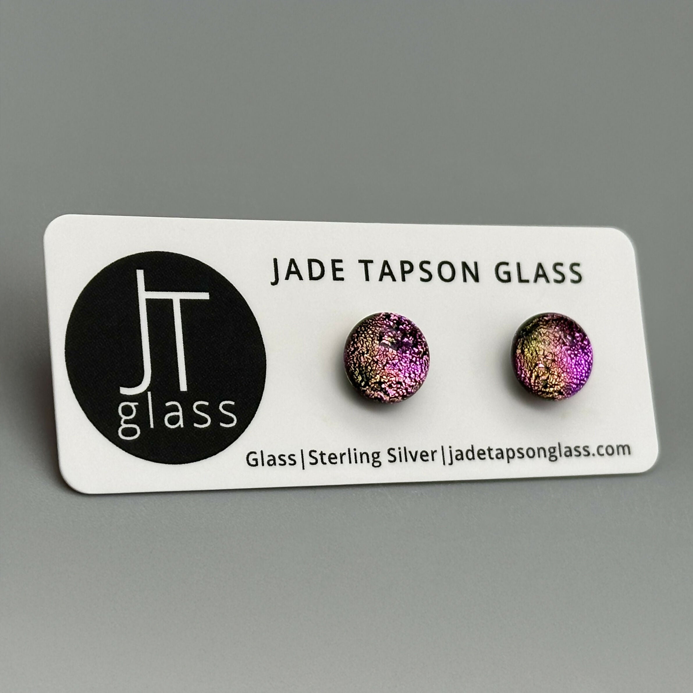 Pink Dichroic Fused Glass Sterling Silver Stud Earrings - Handmade by Jade Tapson Glass.