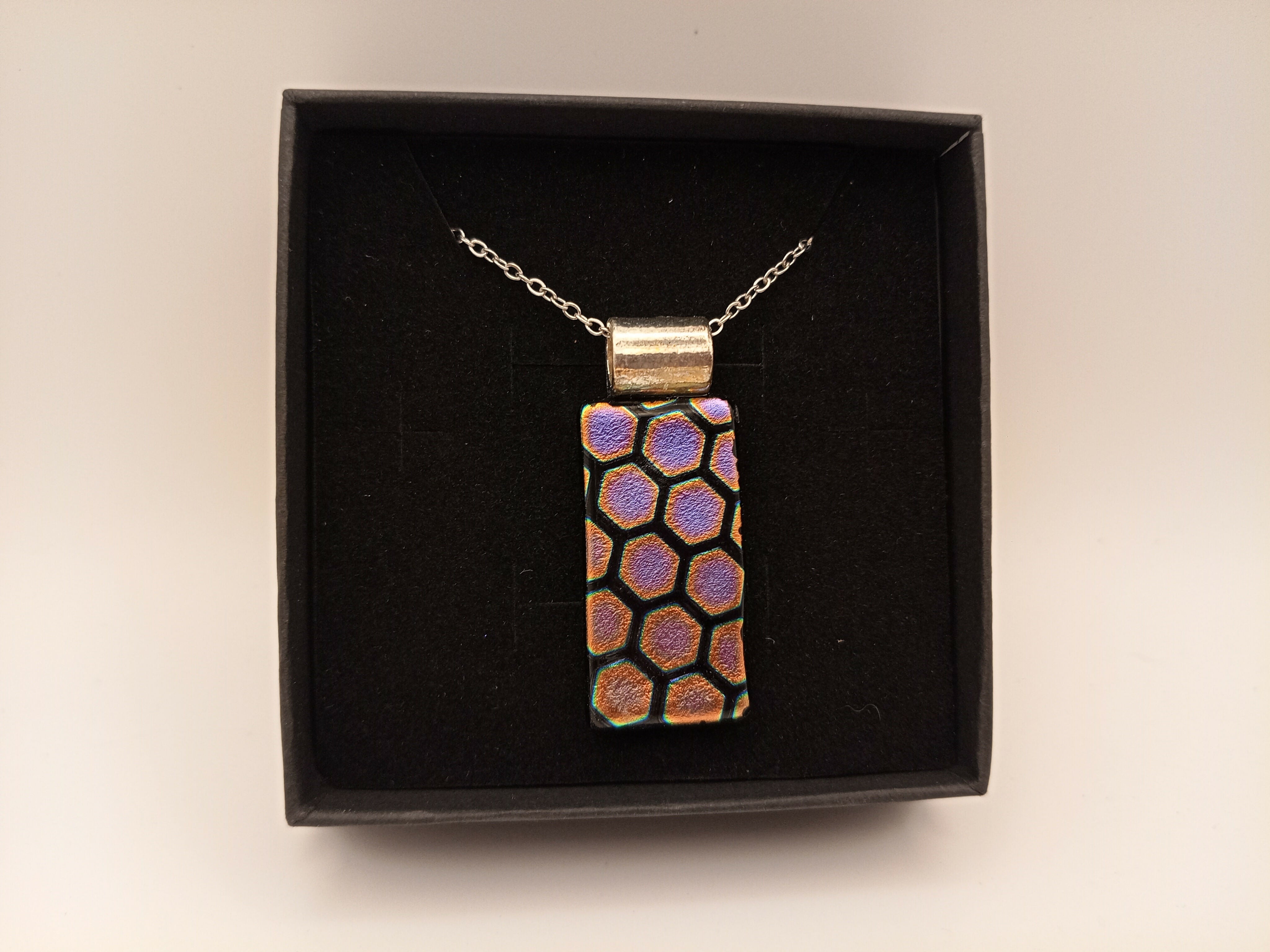 Gold, Orange and Purple Hexagon pattern Dichroic Pendant