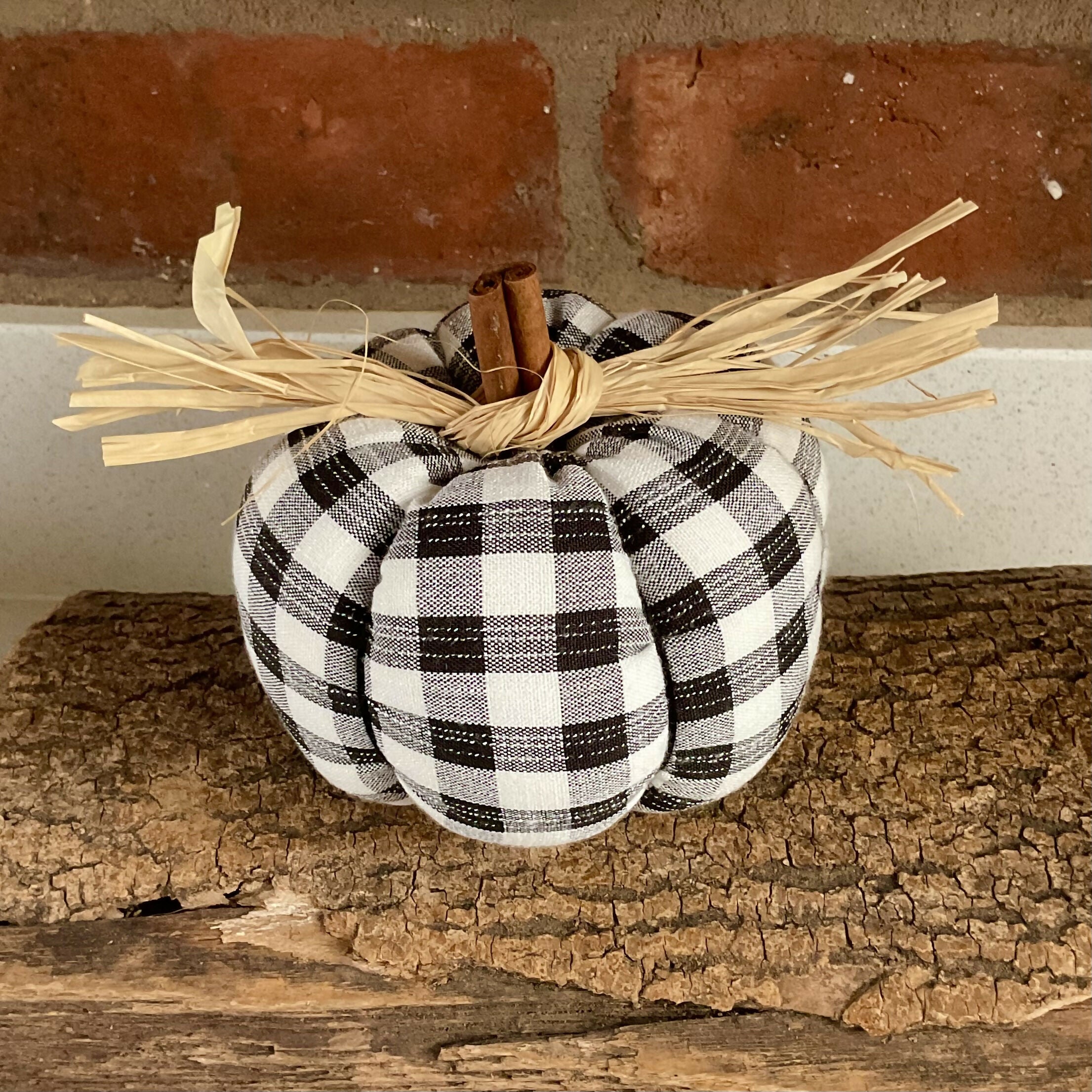 Handmade Black And White Fabric, Checked Pumpkin, Rustic Autumn And Halloween Ornament,