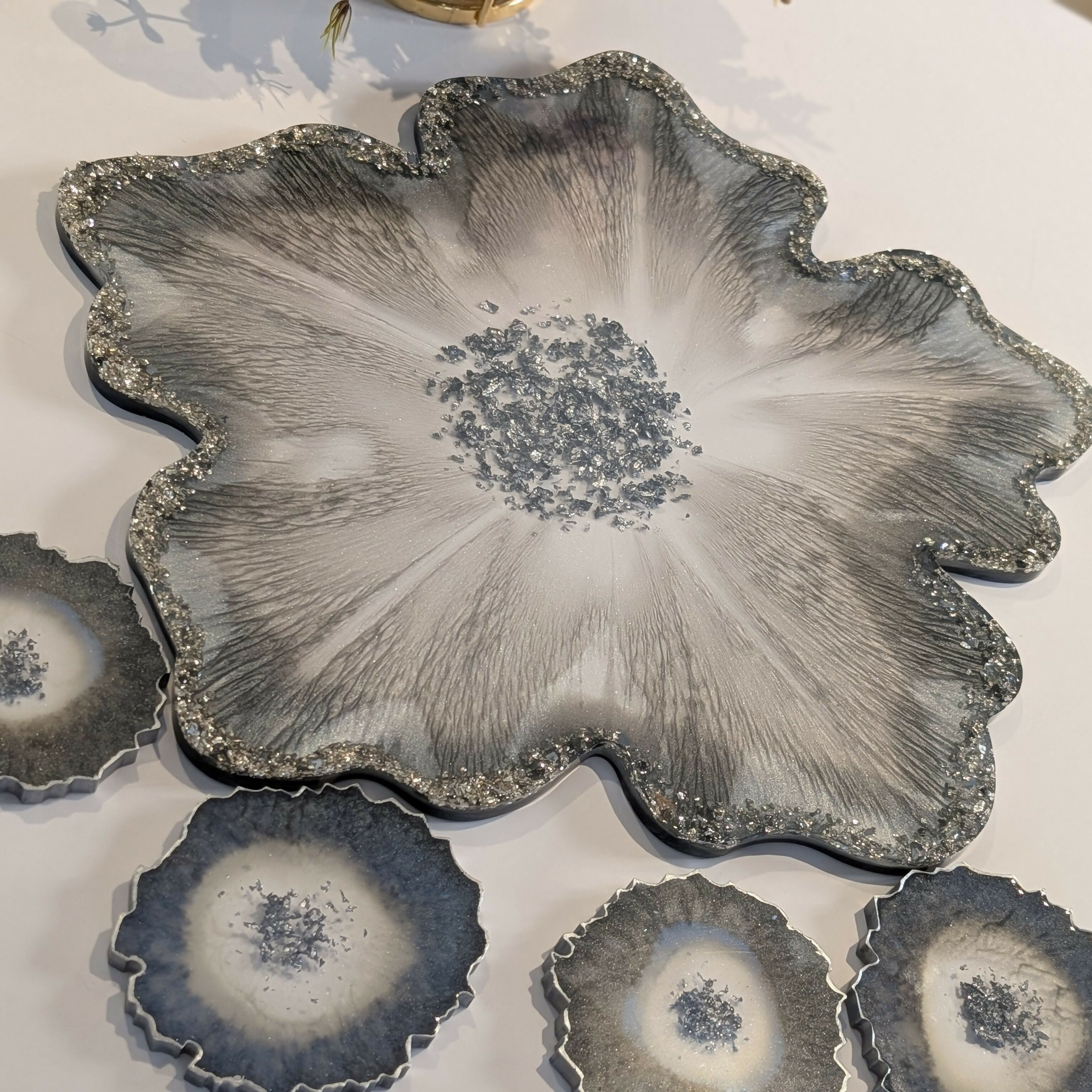 ELEGANT SILVER GREY HANDMADE WITH STONE TRAY AND COASTERS SET