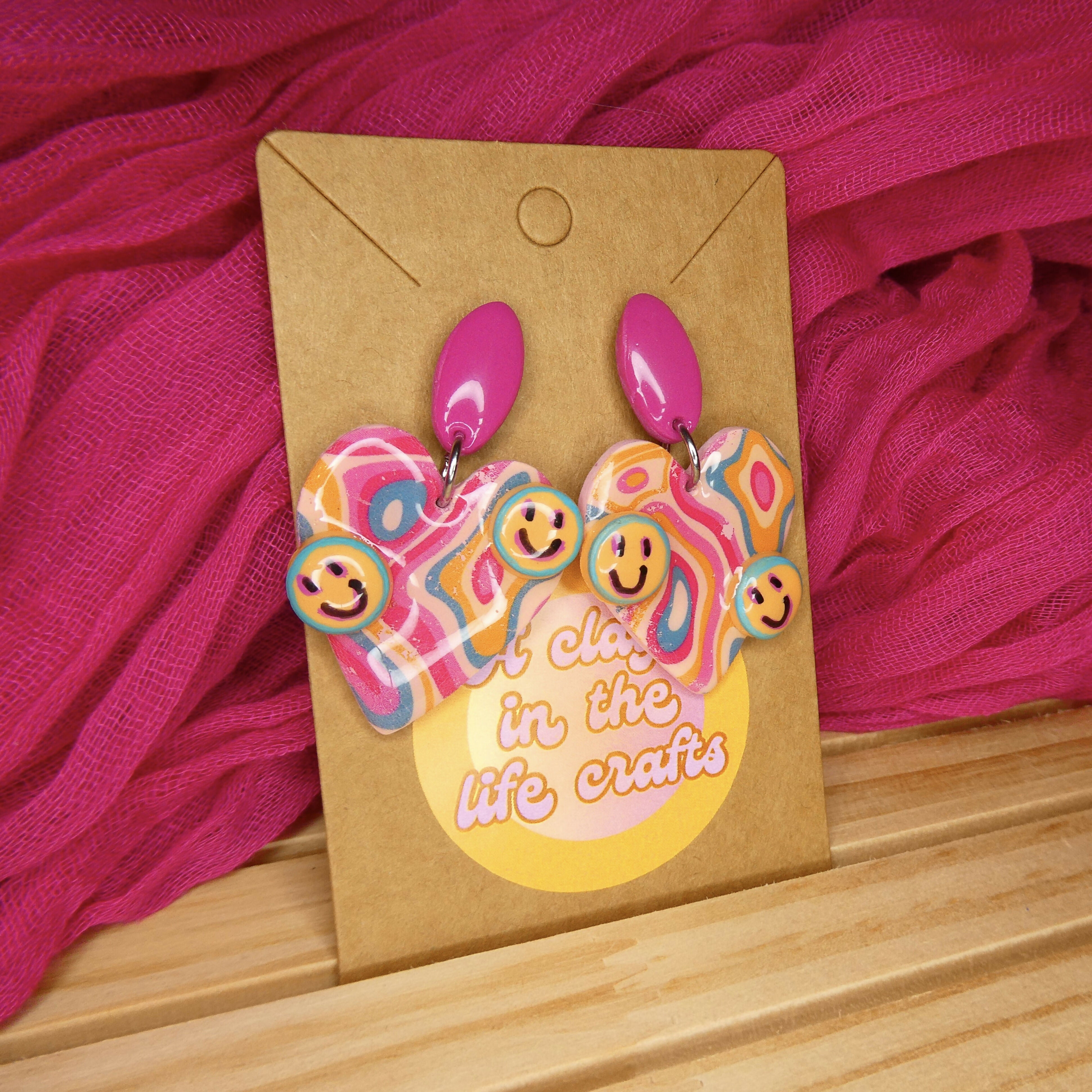 Pink And Swirly Heart Polymer Clay Earrings With Smiley Detail