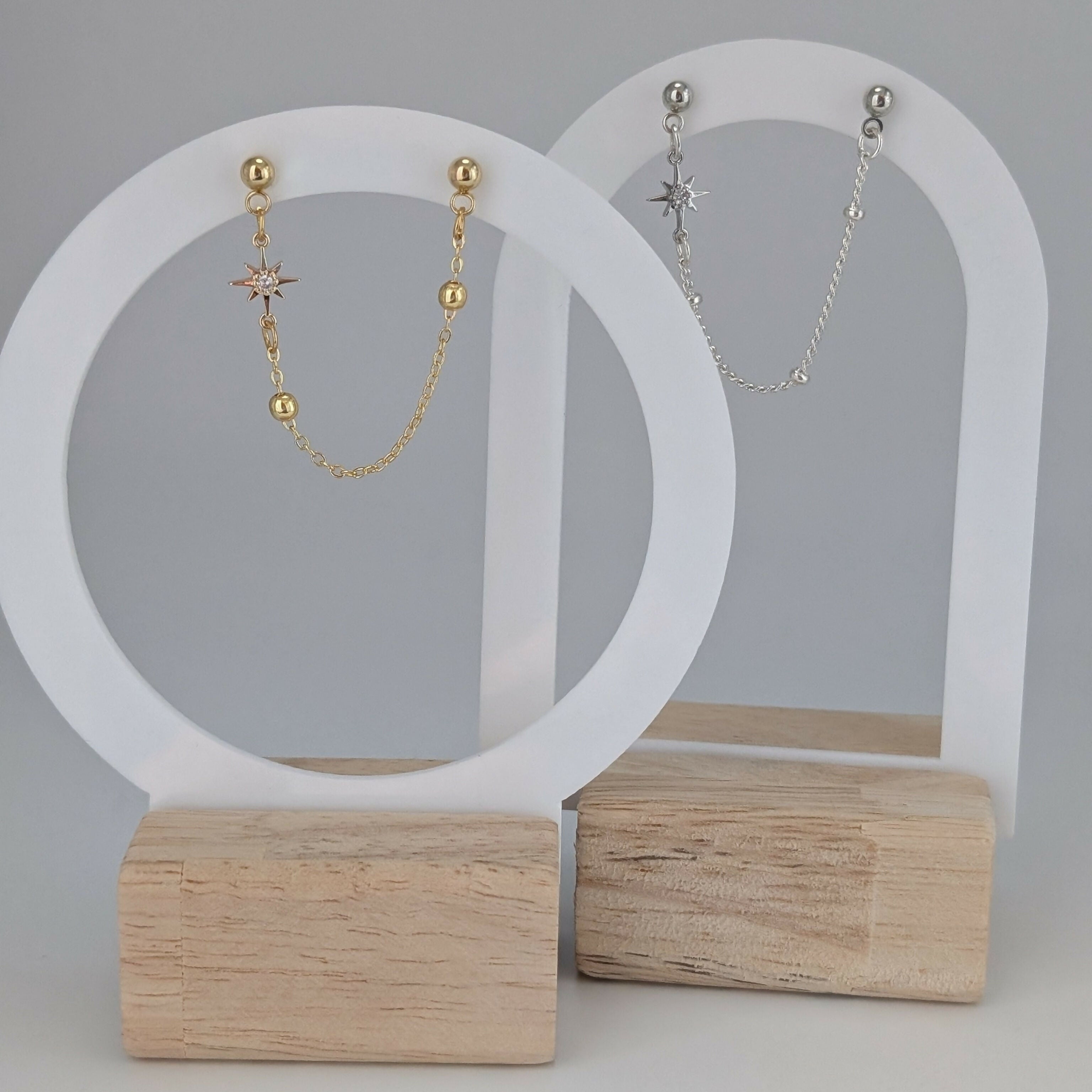 Tiny Star Cubic Zirconia Silver Double Chain Earrring on Silver Plated Ball Stud