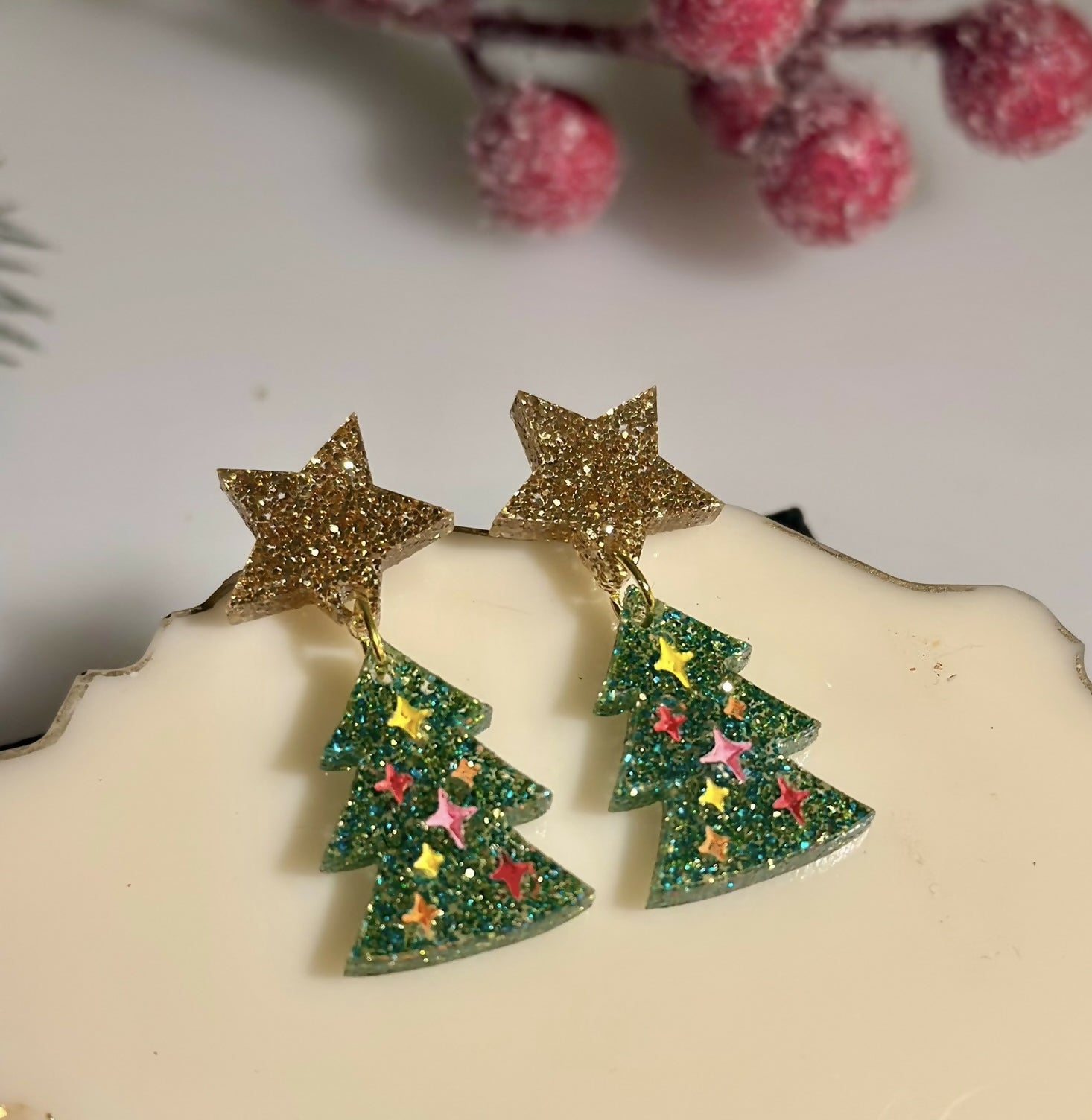 DANGLY, GLITTER CHRISTMAS TREE EARRINGS