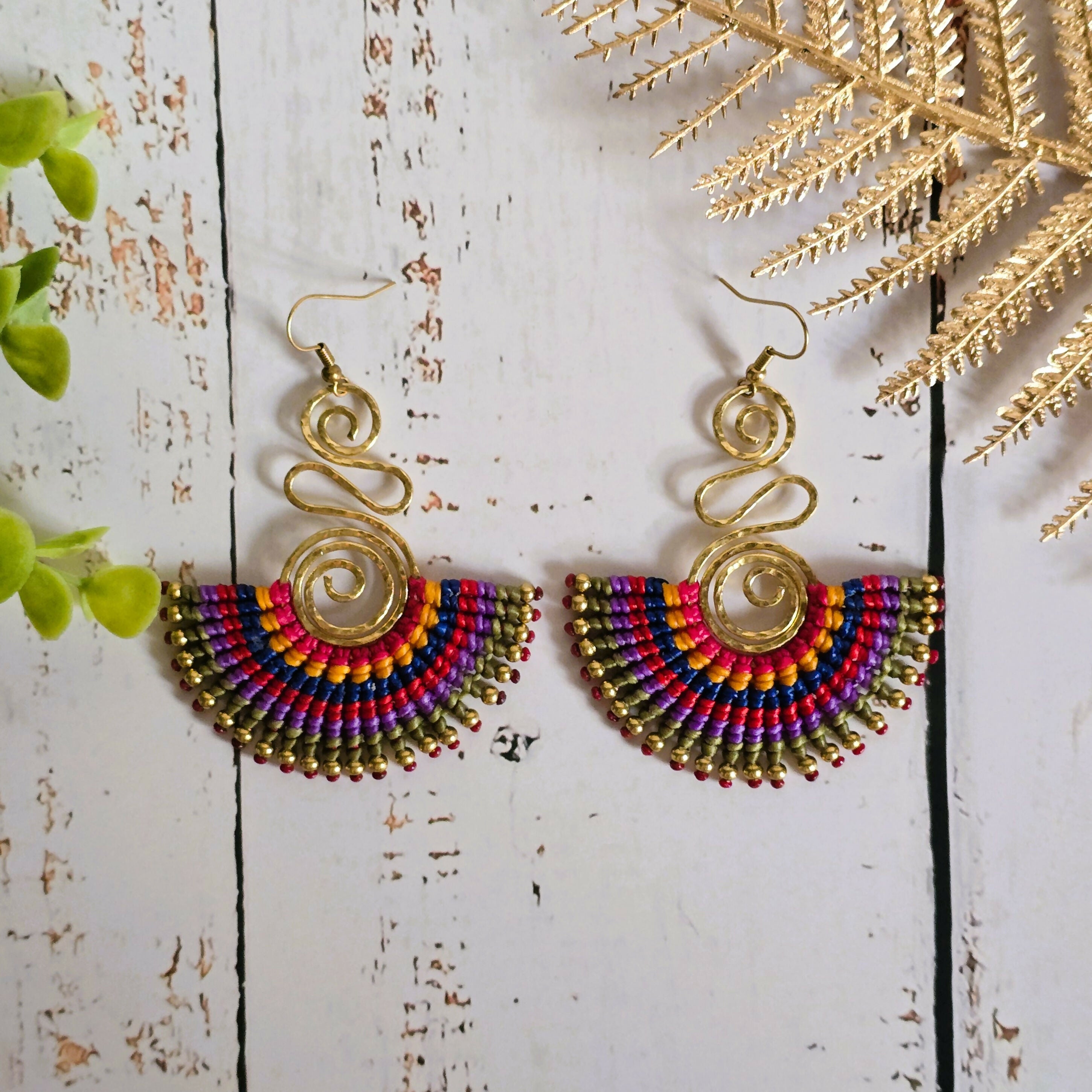 Rainbow Macrame Earrings; Statement Colourful Gold Wire Spiral Exotic Thai Boho Earrings