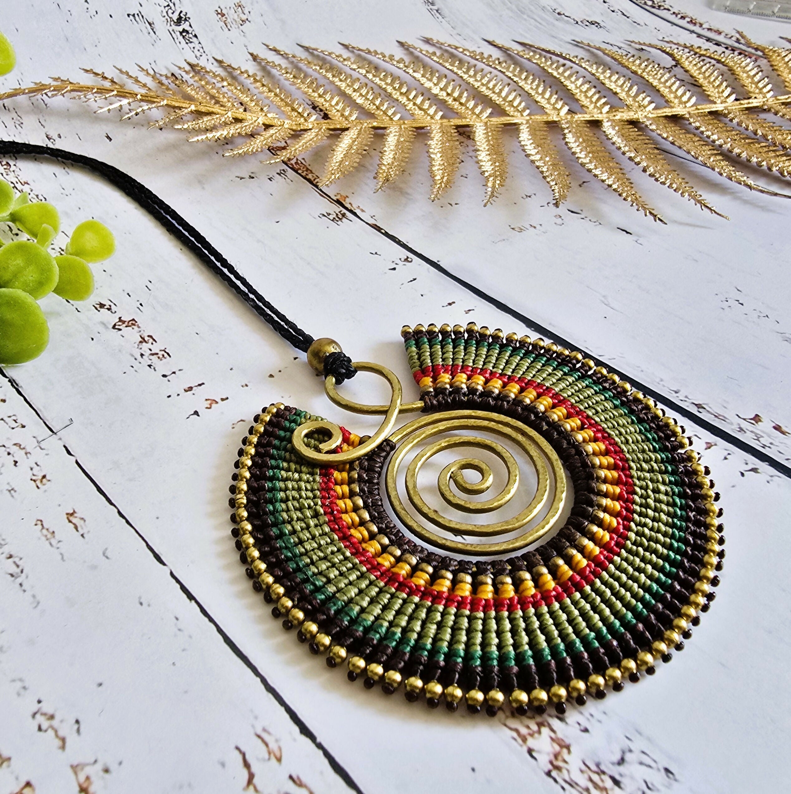 Large Green Macramé Necklace; Full Moon Boho Statement Pendant with Gold Spiral