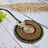 Large Green Macramé Necklace; Full Moon Boho Statement Pendant with Gold Spiral