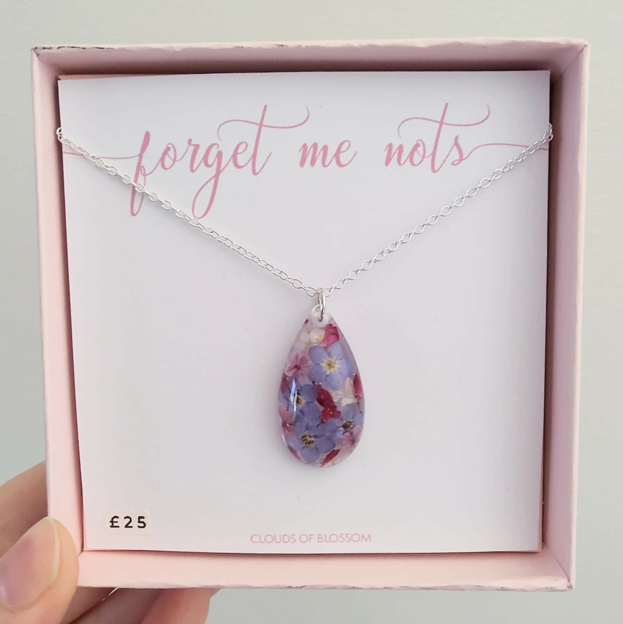 Pressed Forget Me Not 3D Chucky Teardrop Necklace Silver Plated