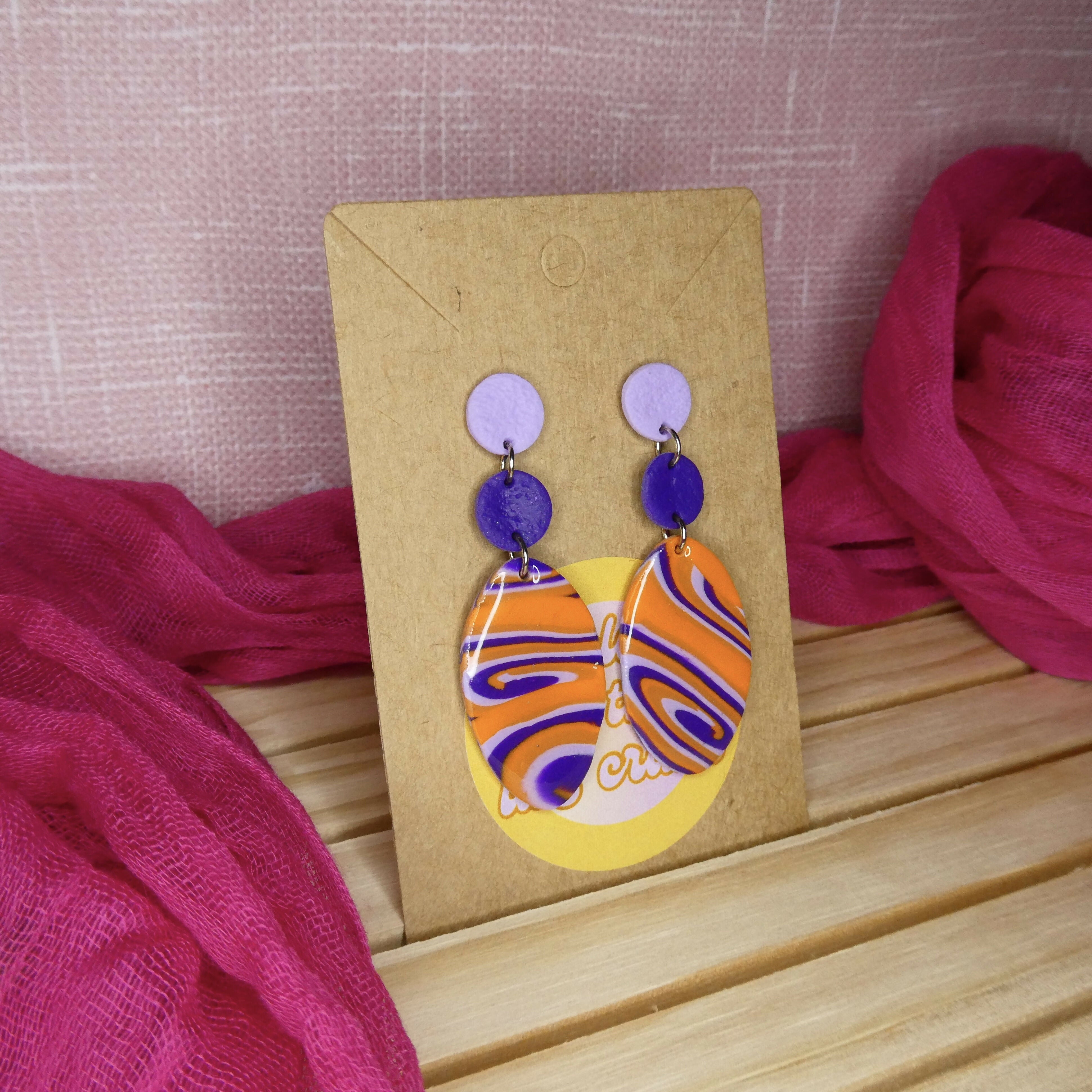 Purple And Orange Swirly Oval Dangle Polymer Clay Earrings