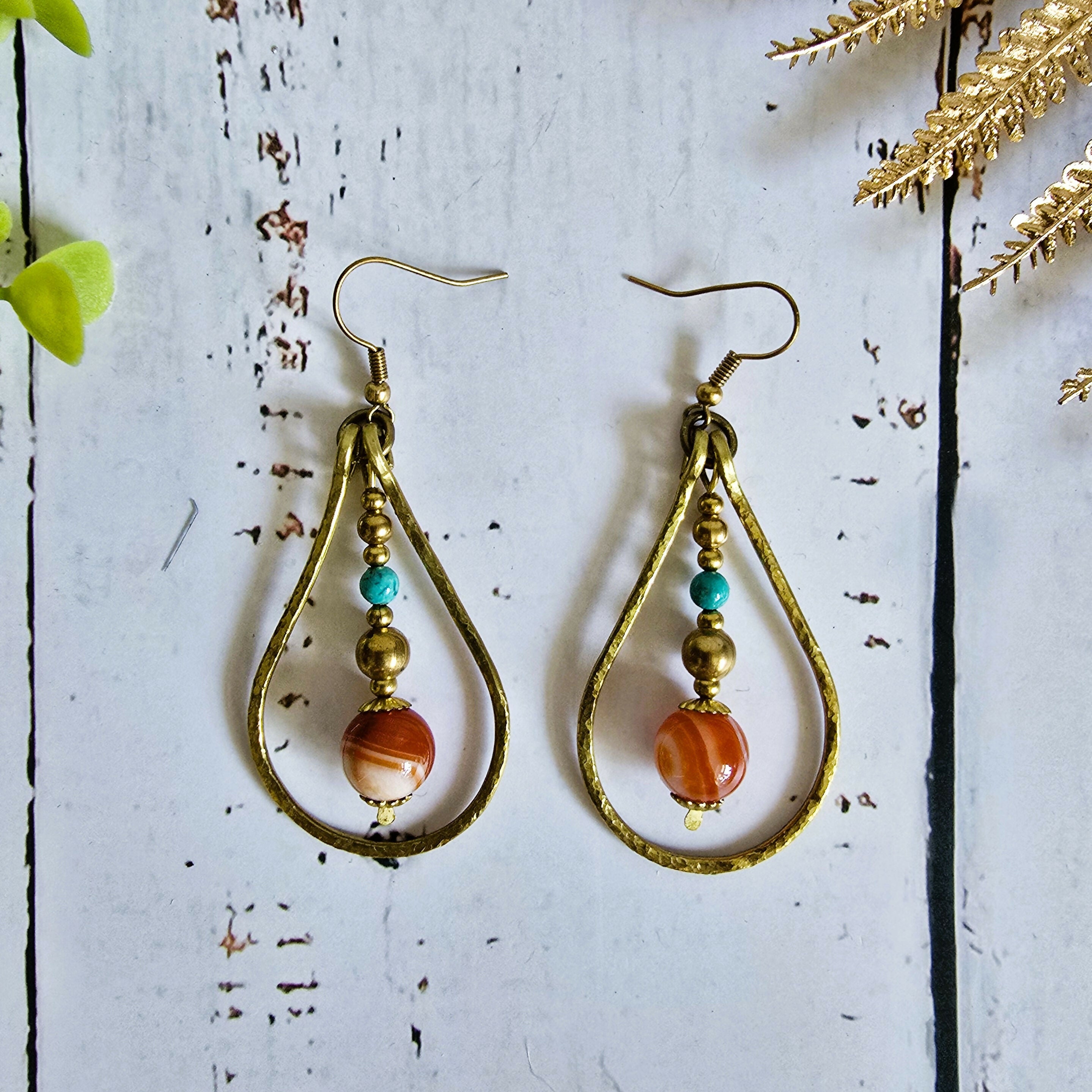 Gold Wire Crystal Earrings; Turquoise & Orange Agate Bohemian Teardrop Earrings