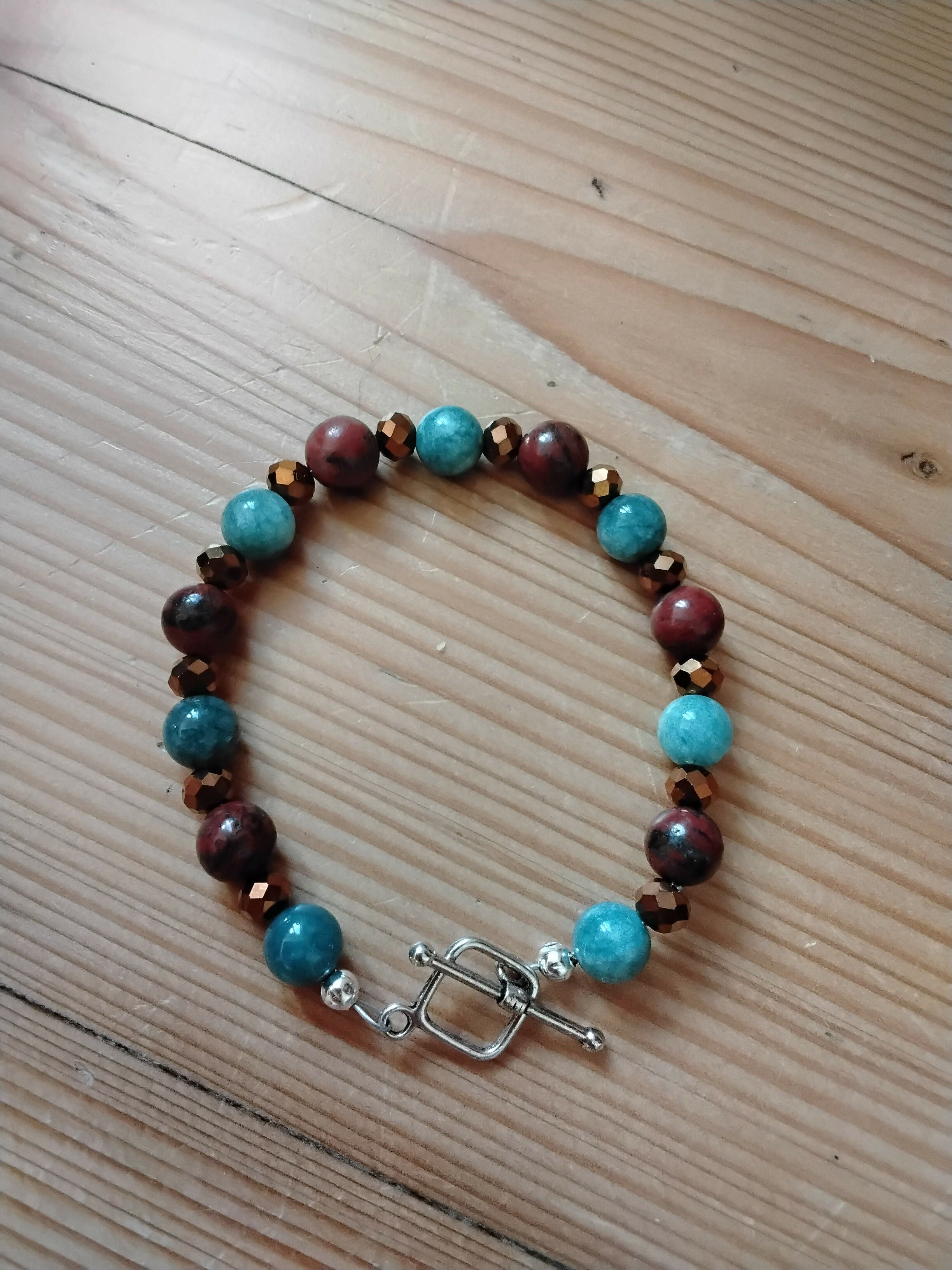 Tibetan Silver Toggle Catch Bracelet with Blue Chalcedony, Faceted Copper Hematite & Sesame Jasper.