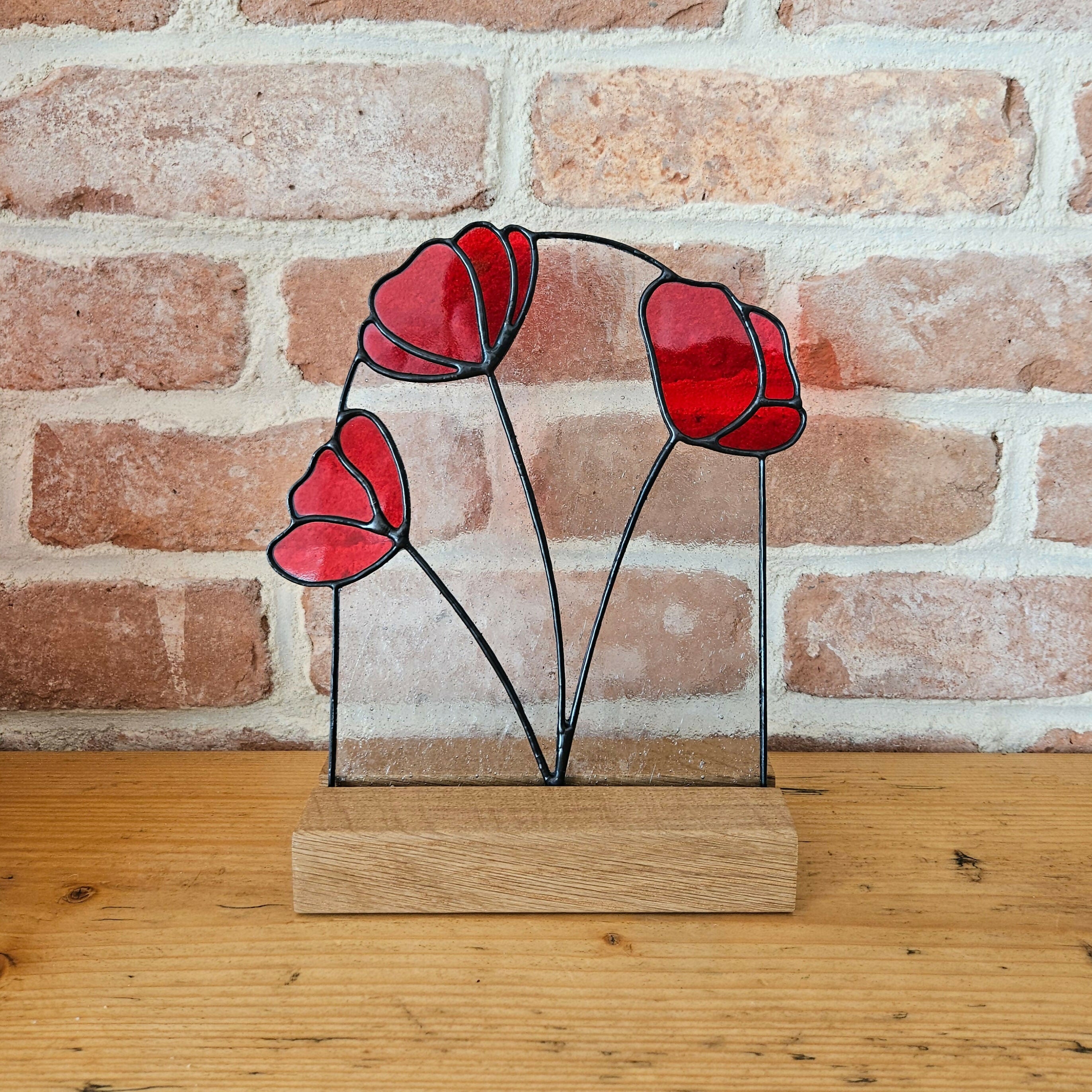 Red Poppy Stained Glass Panel with Solid Oak Stand