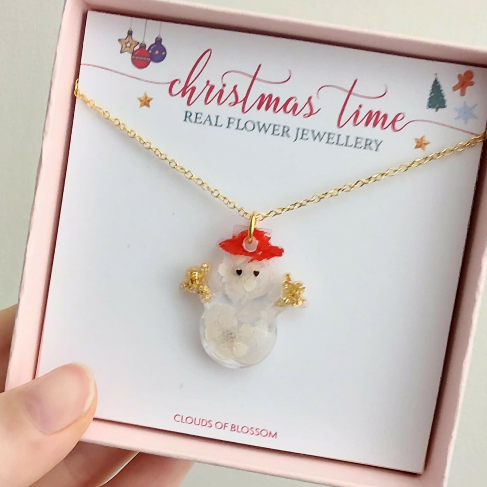 Snowman Real Flower Christmas Necklace Gold Plated
