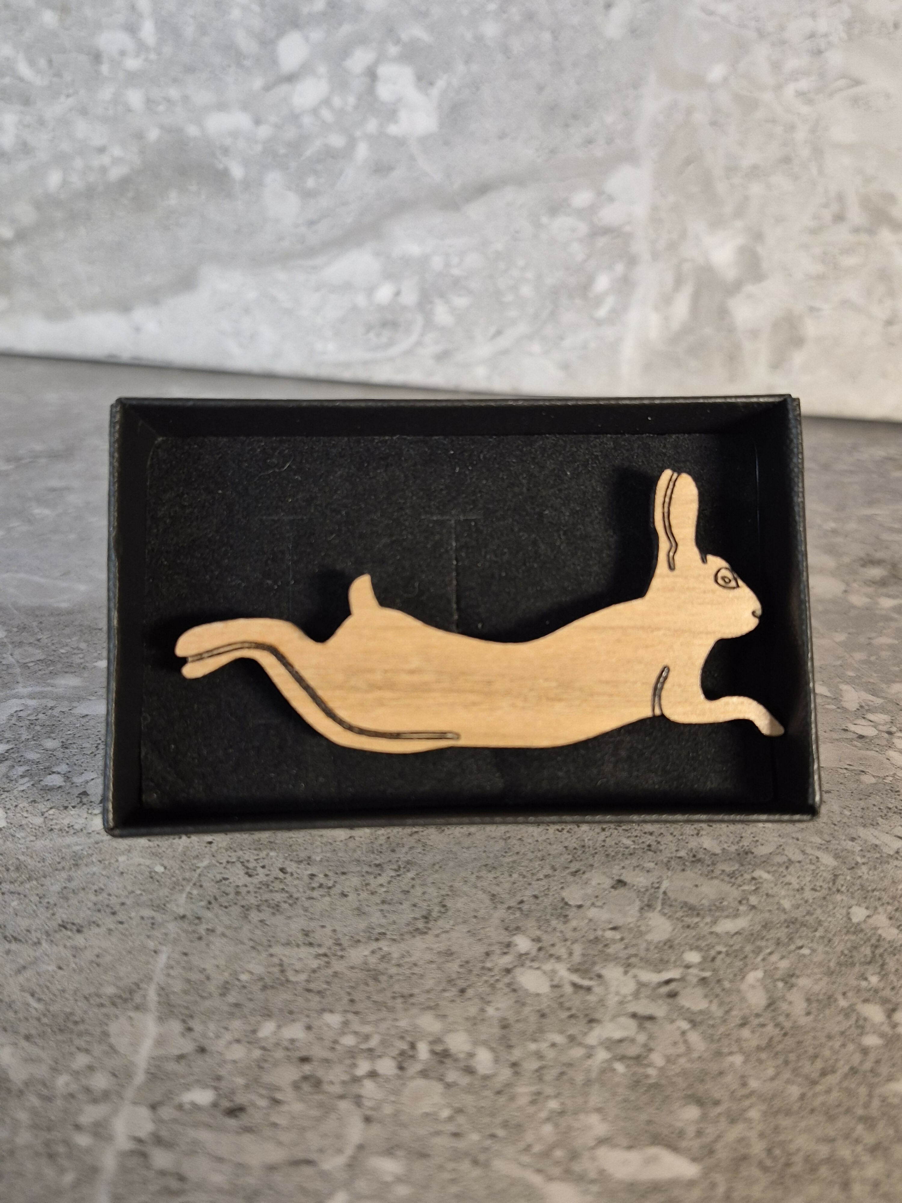 Handcrafted Cherry Veneered Leaping Hare Pin