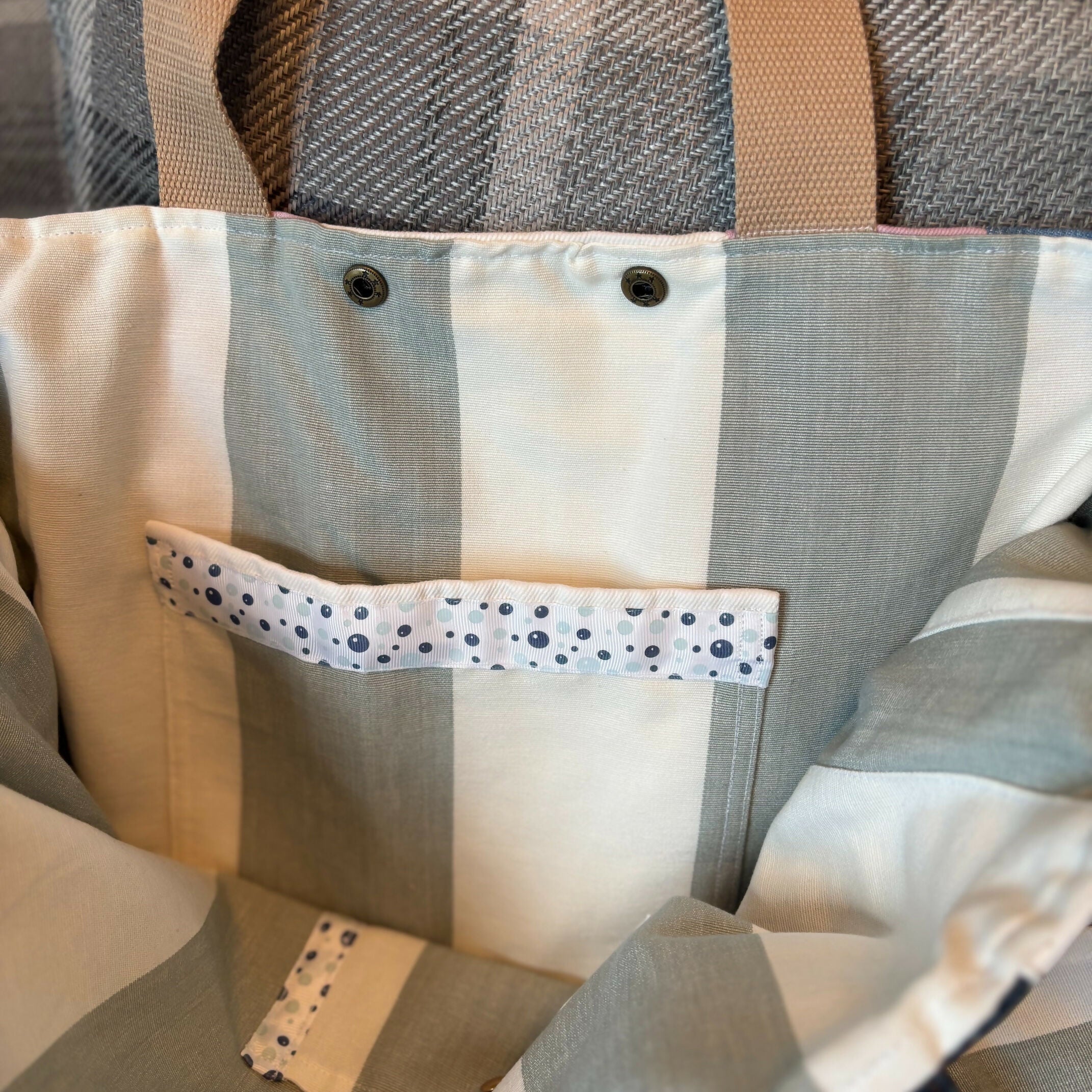 Unique Handcrafted Oversized Denim Tote Beach Bag Handbag Made From Upcycled Blue And White Jeans