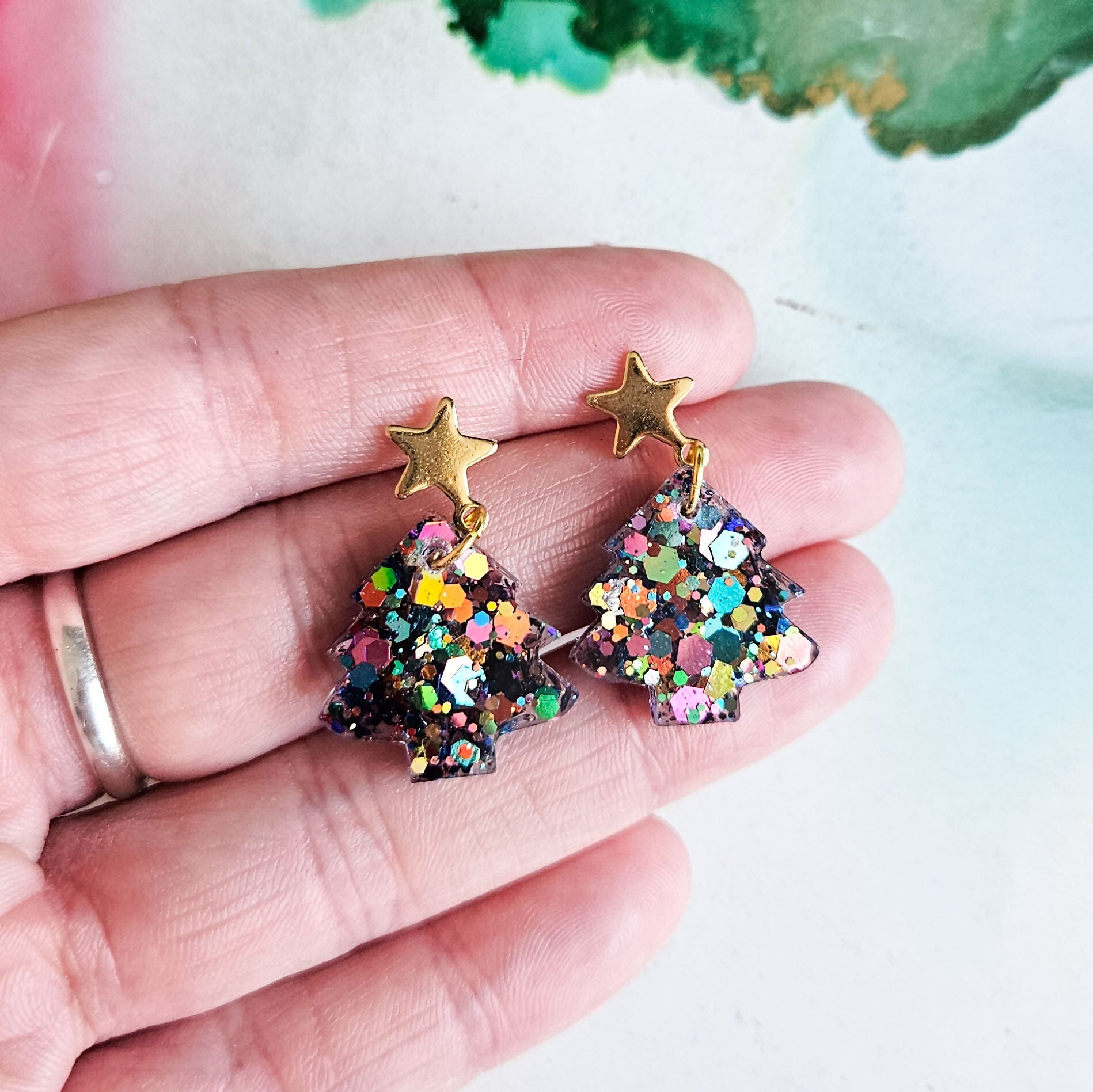 Handmade Glitter Christmas Trees Earrings With Star Studs