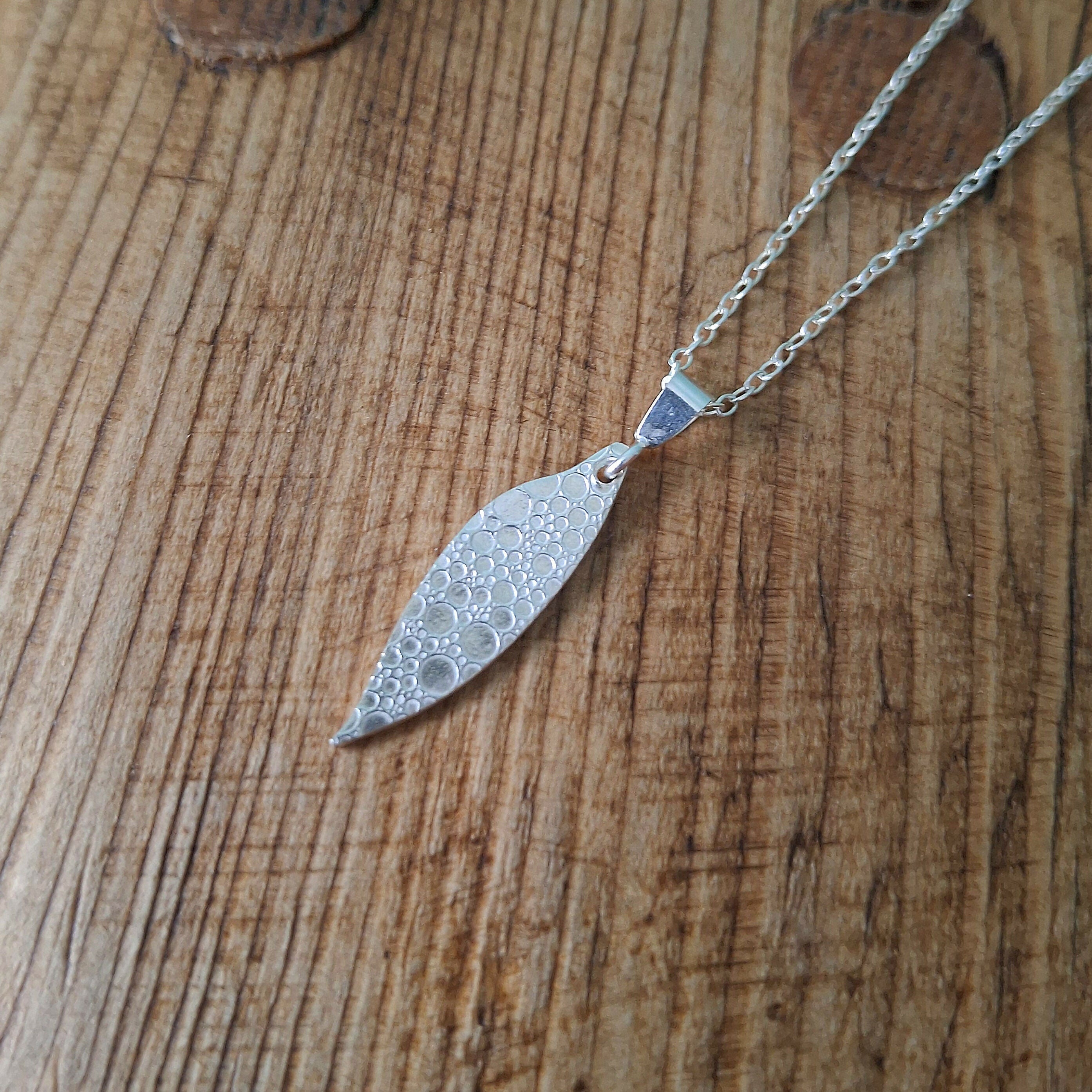 Handmade Silver Drop Leaf Necklace Bubble Texture
