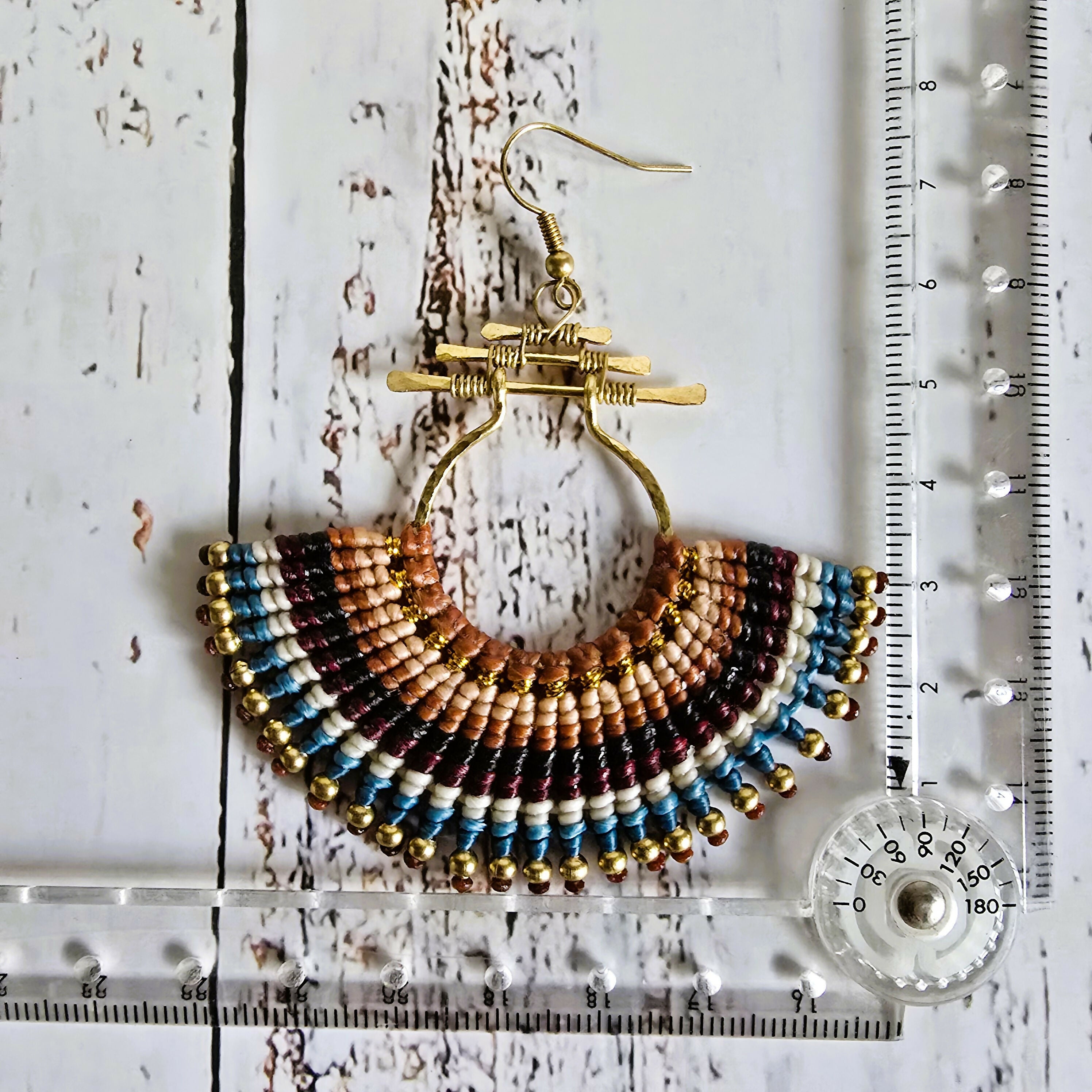 Asian Temple Earrings; Golden Brown Macrame Cord, Gold Hammered Brass Wire Spiral Statement Earrings