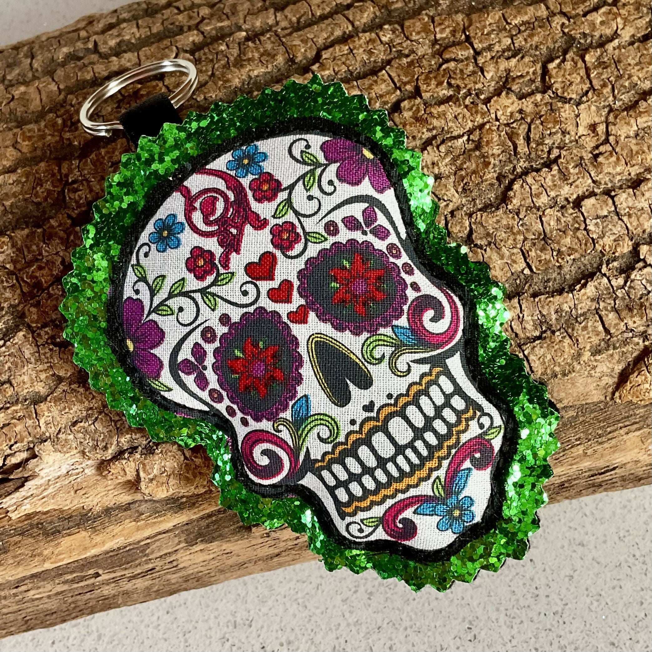 Bright Sugar Skull Keyring, Fabric Sugar Skull Key Ring With Glitter Background, Sparkly Bag Charm, Halloween Gift