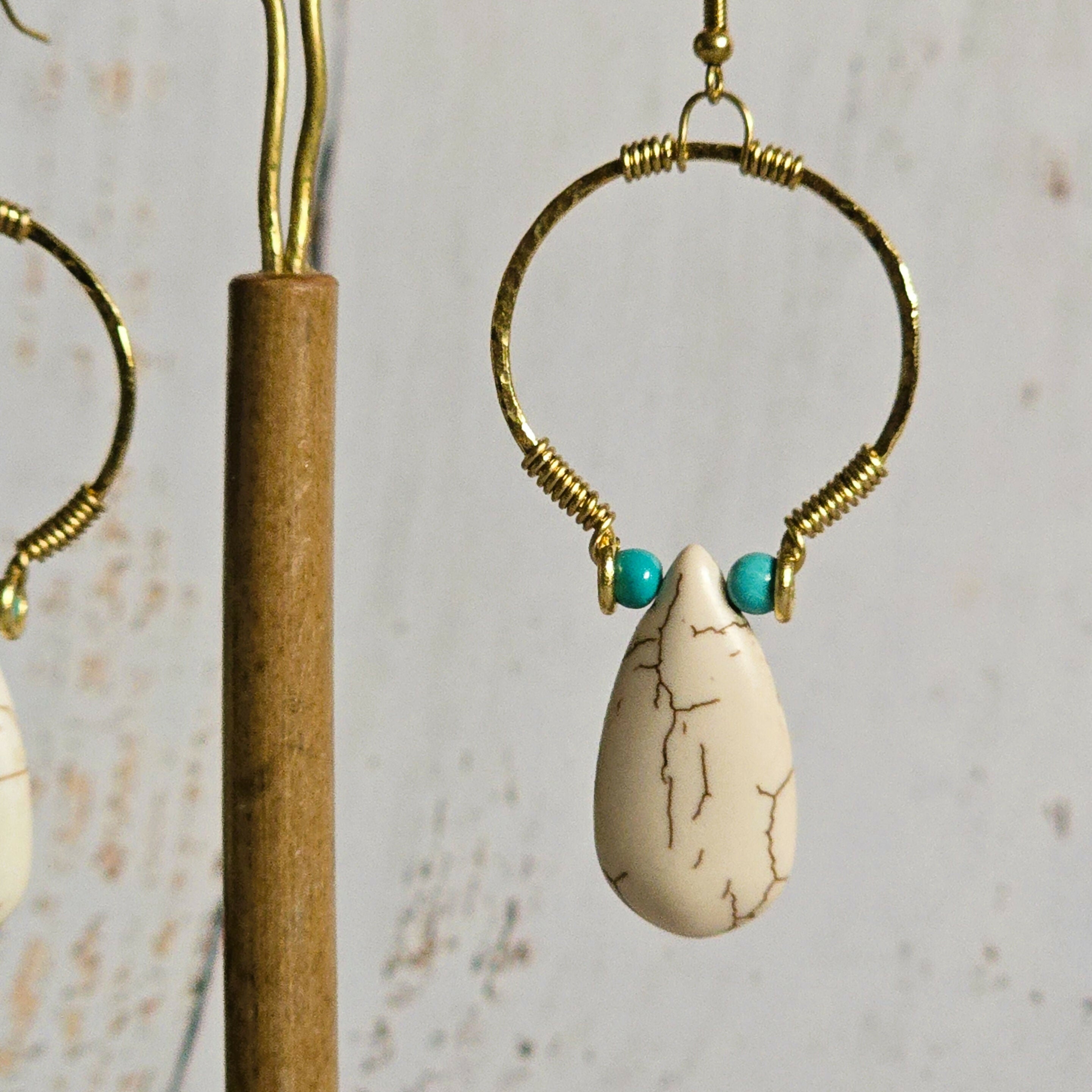 White Howlite Hoop Earrings; Hammered Brass Wire Boho Crystal Turquoise Thai Earrings