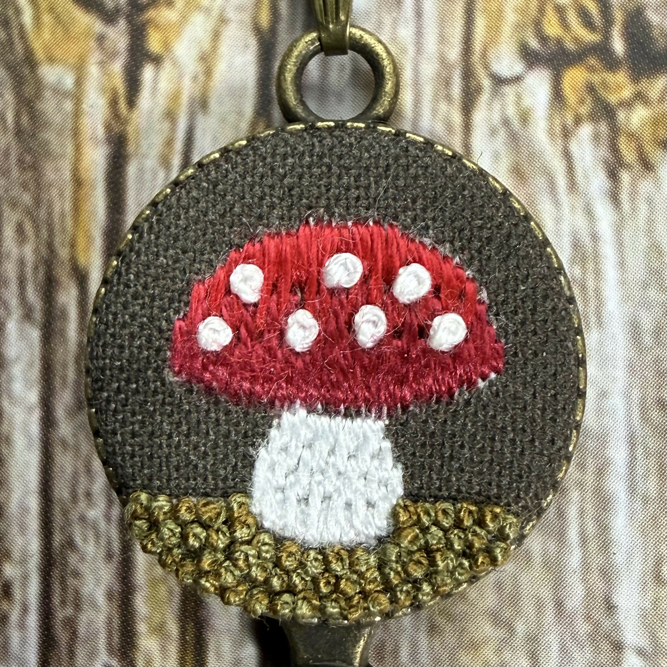 Hand Embroidered Mushroom Key Necklace