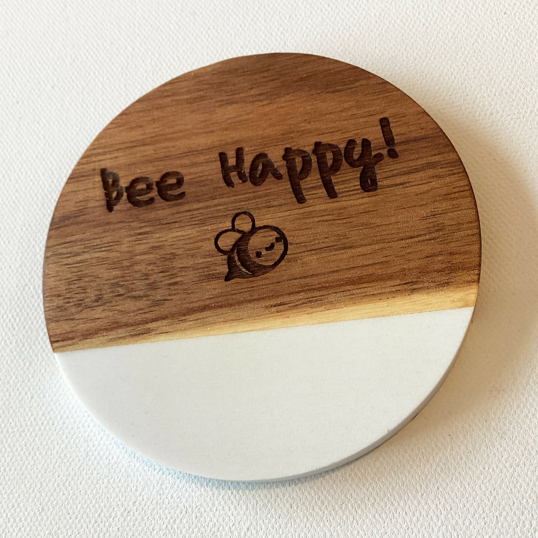 Engraved Marble & Acacia Coaster - Bee Happy
