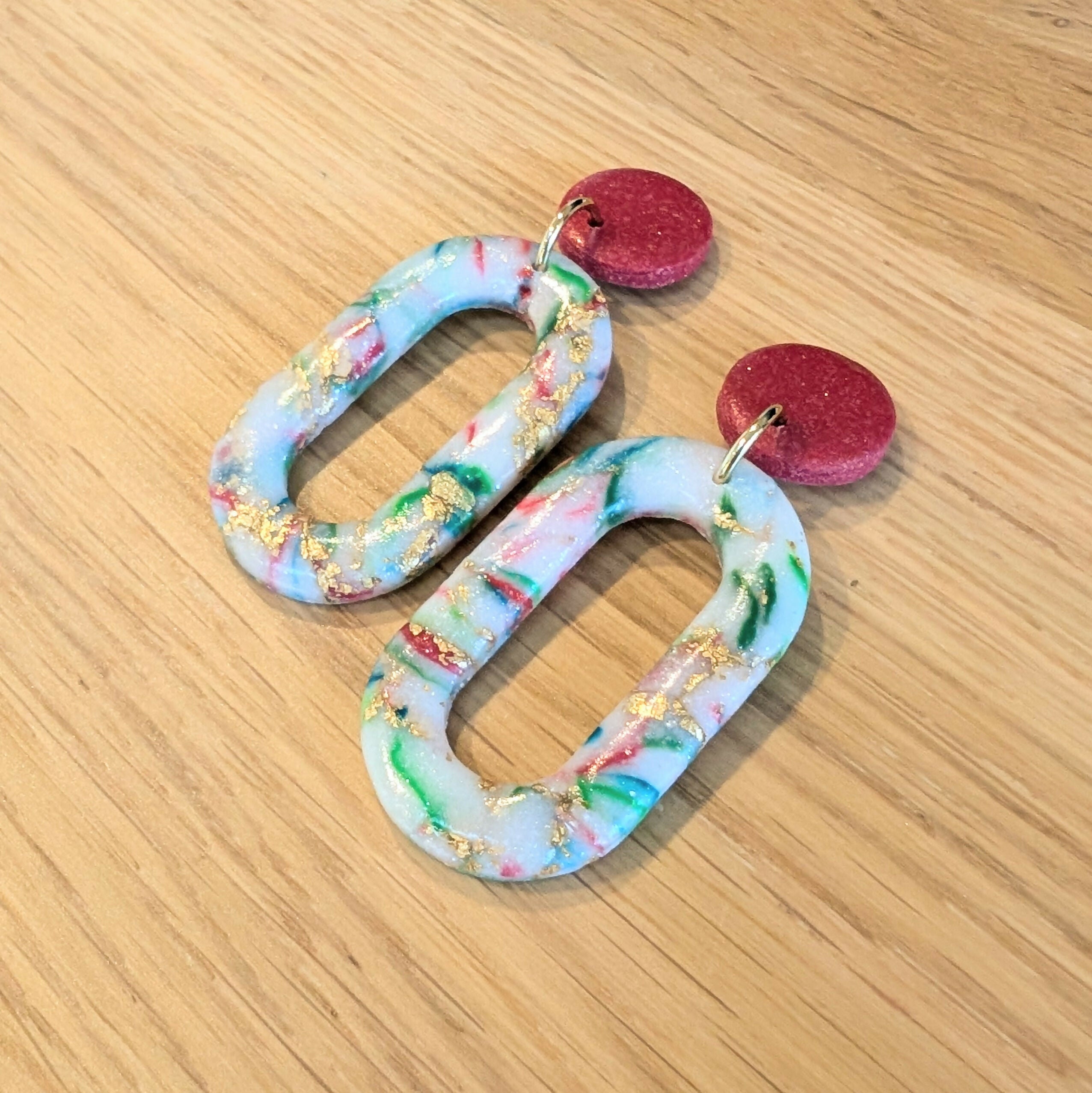 White Red Green Gold Oval Cutout Drop Dangle Handmade Polymer Clay Earrings