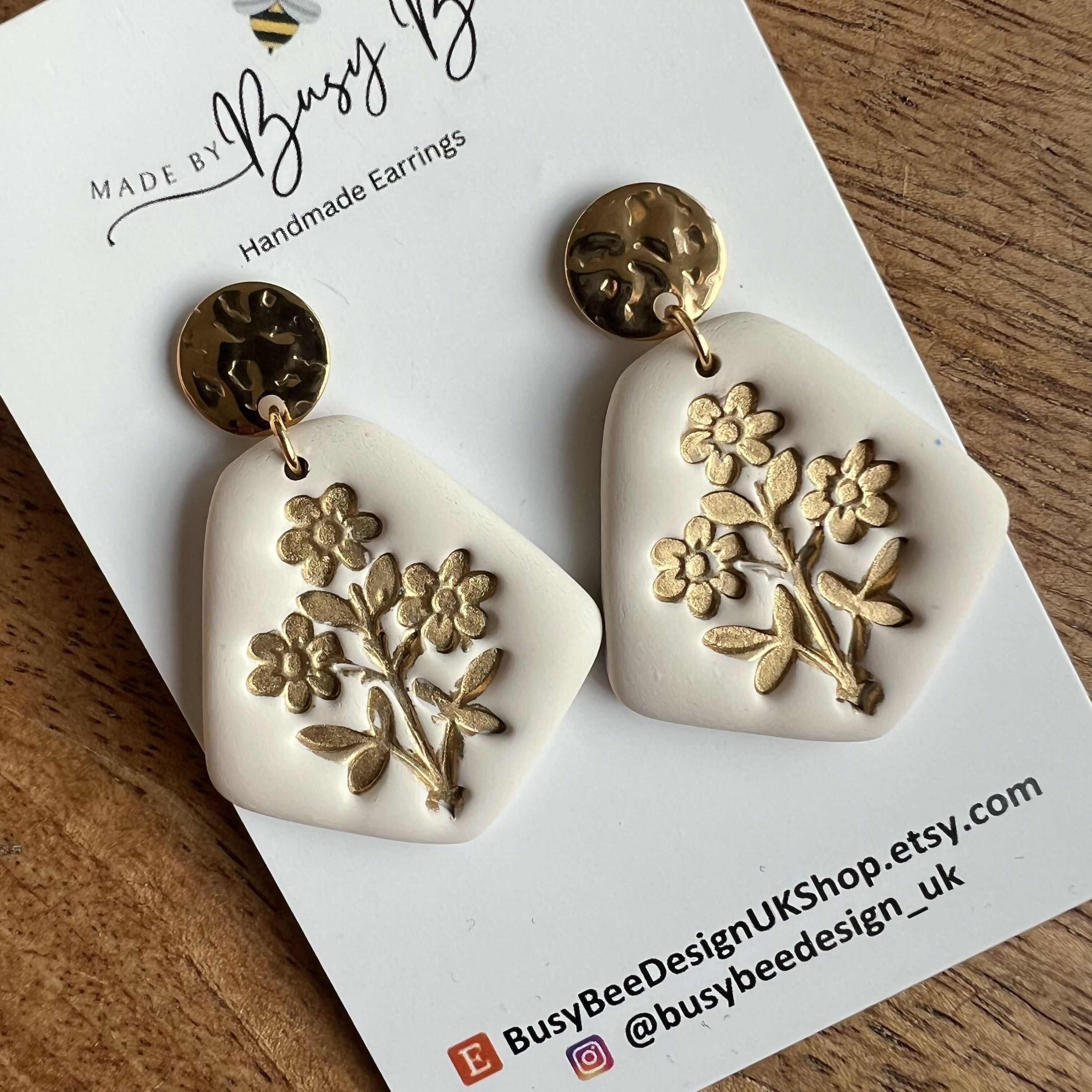 Floral Dangle Earrings – Polymer Clay Textured Earrings, Dainty Earrings, Handmade Clay Jewellery