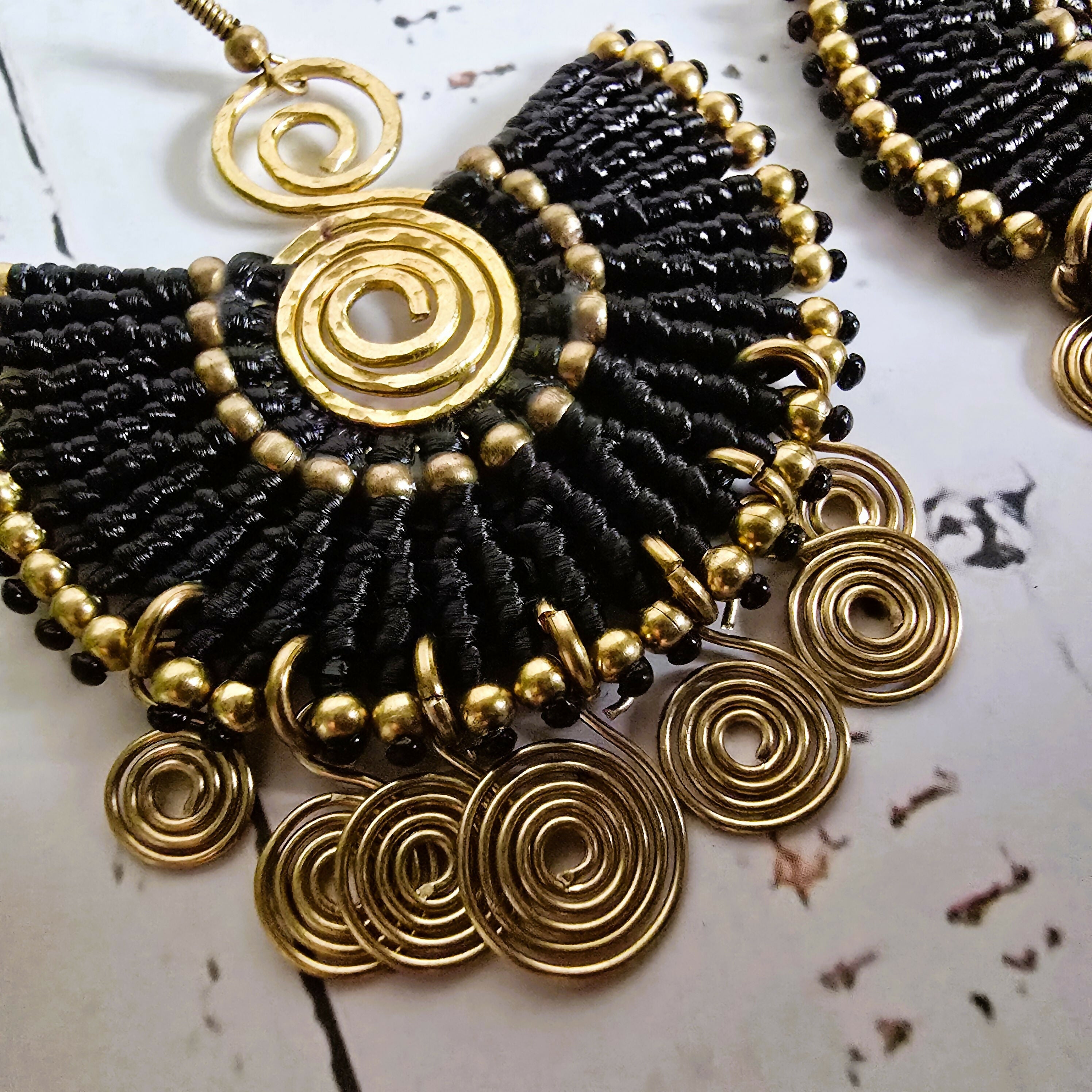 Egyptian Queen Earrings; Large Statement Black Macrame Gold Spirals Earrings