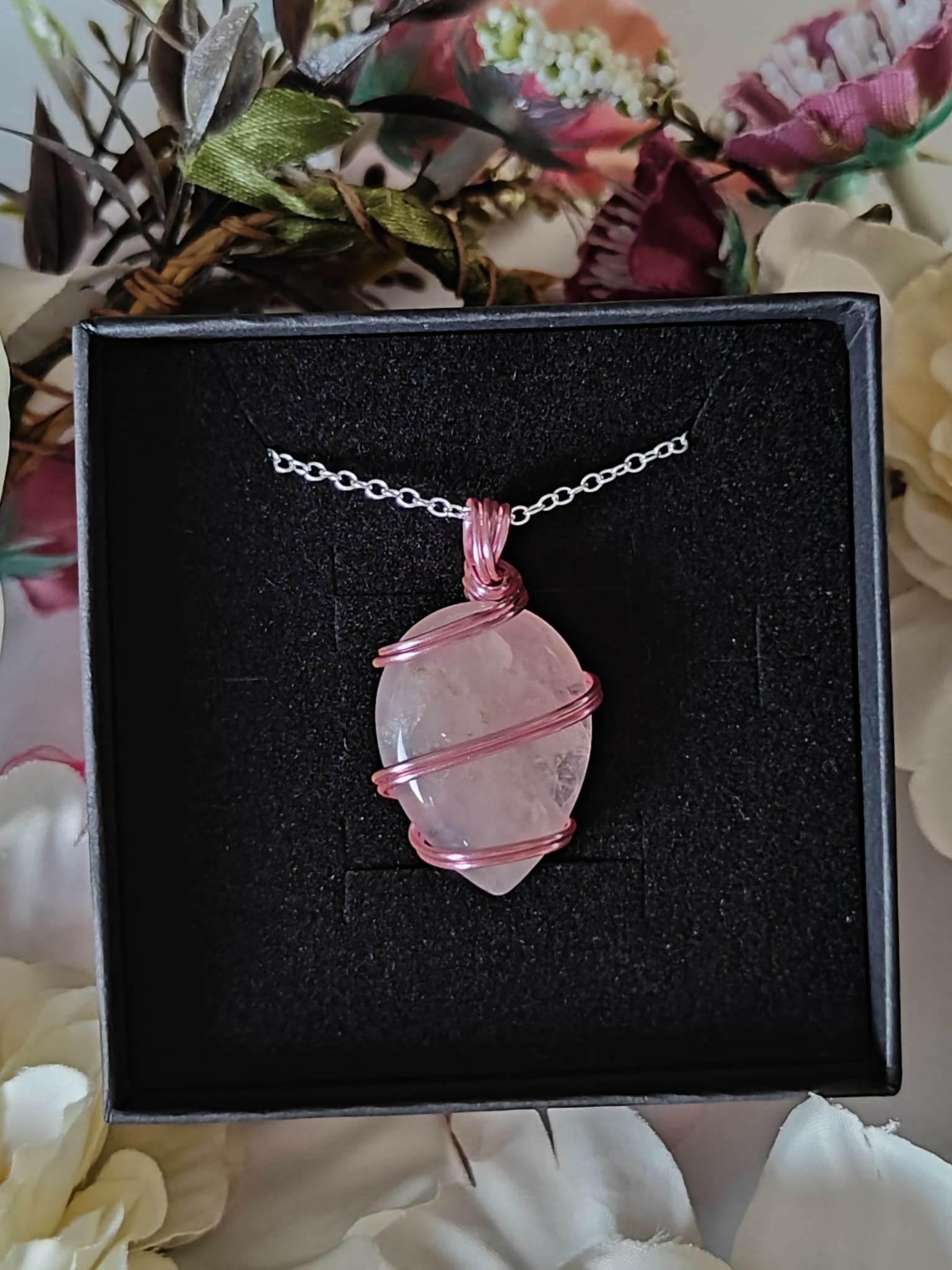 Rose Quartz Wire Wrapped Crystal Necklace on Sterling Silver Chain