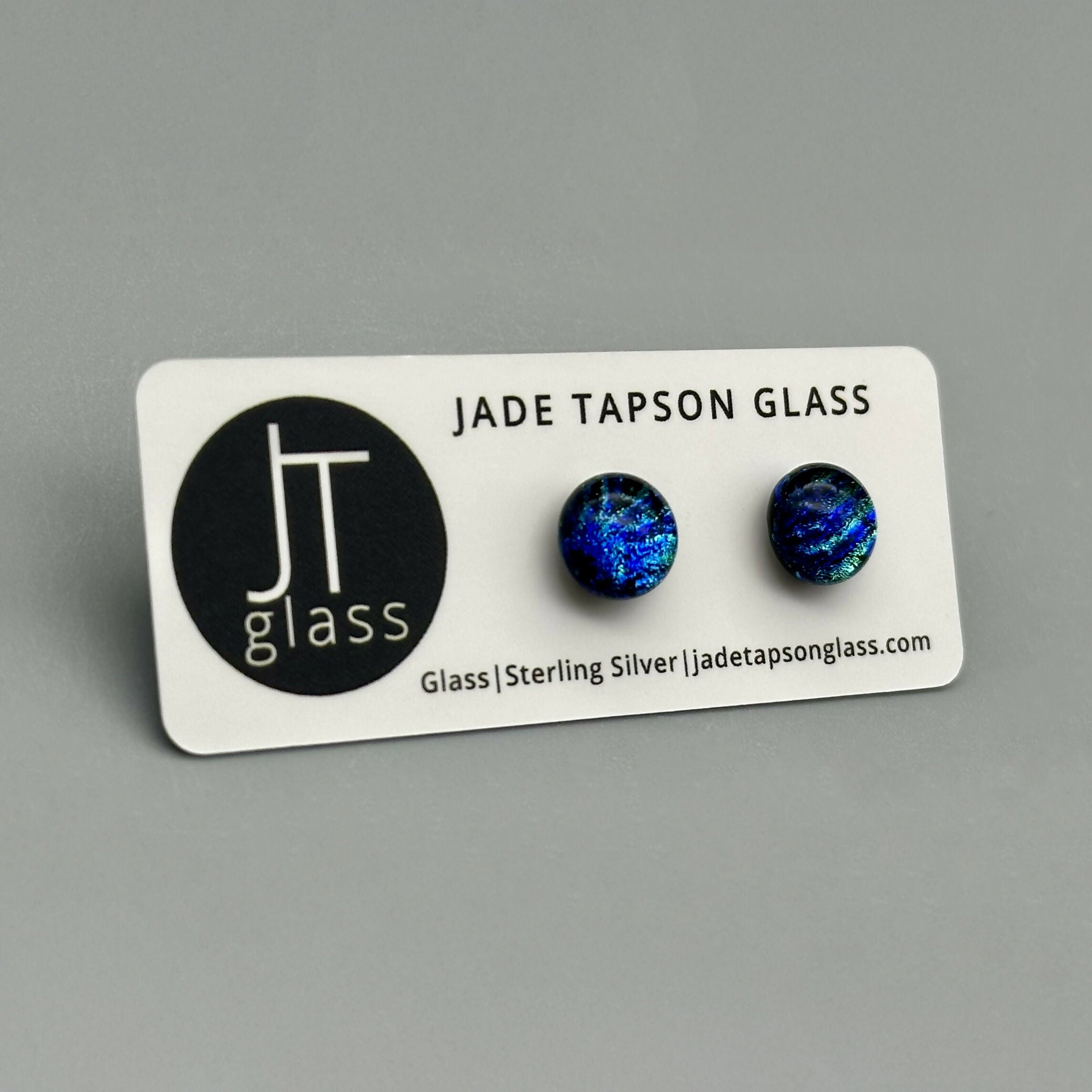 Blue & Green Flower Dichroic Fused Glass Sterling Silver Stud Earrings - Handmade by Jade Tapson Glass.