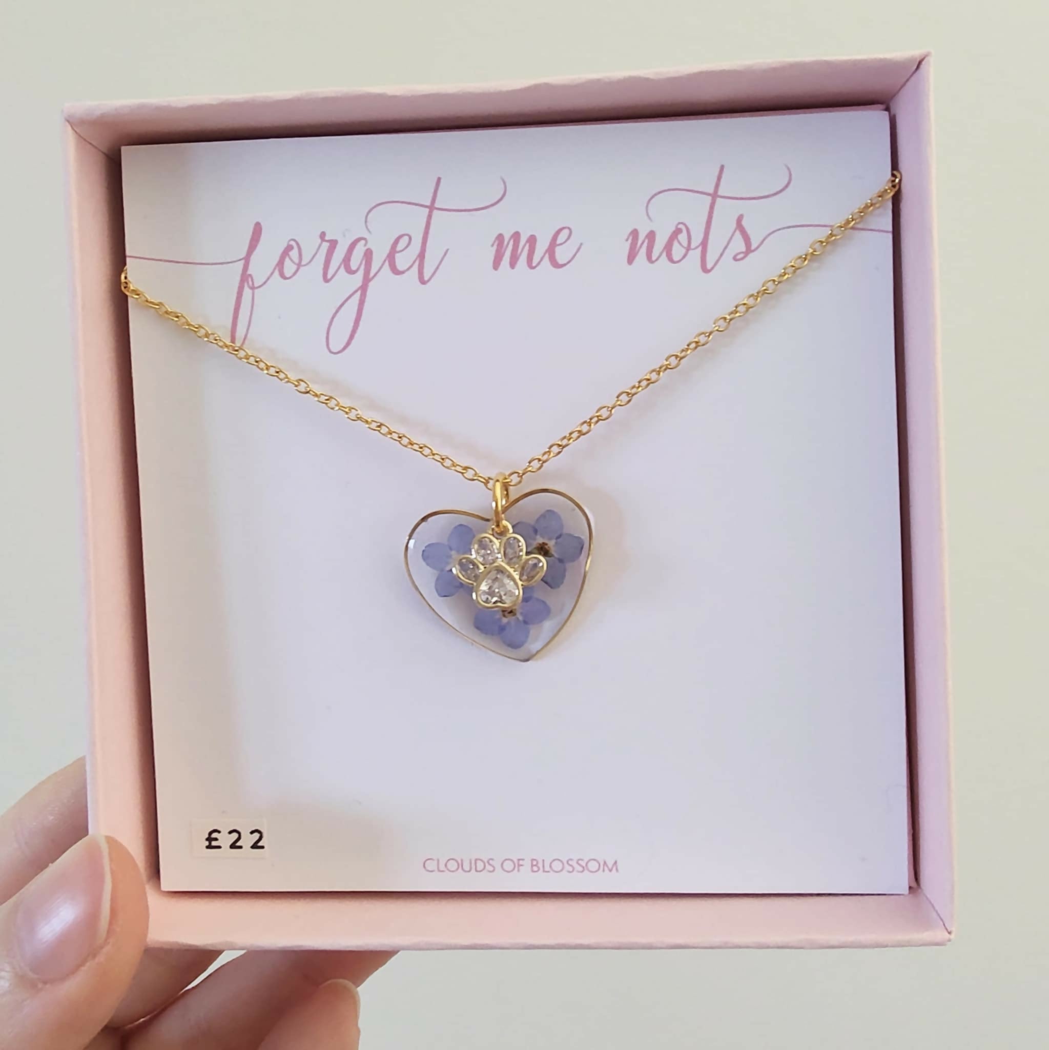 Forget Me Not Paw Print Heart Necklace Gold Plated