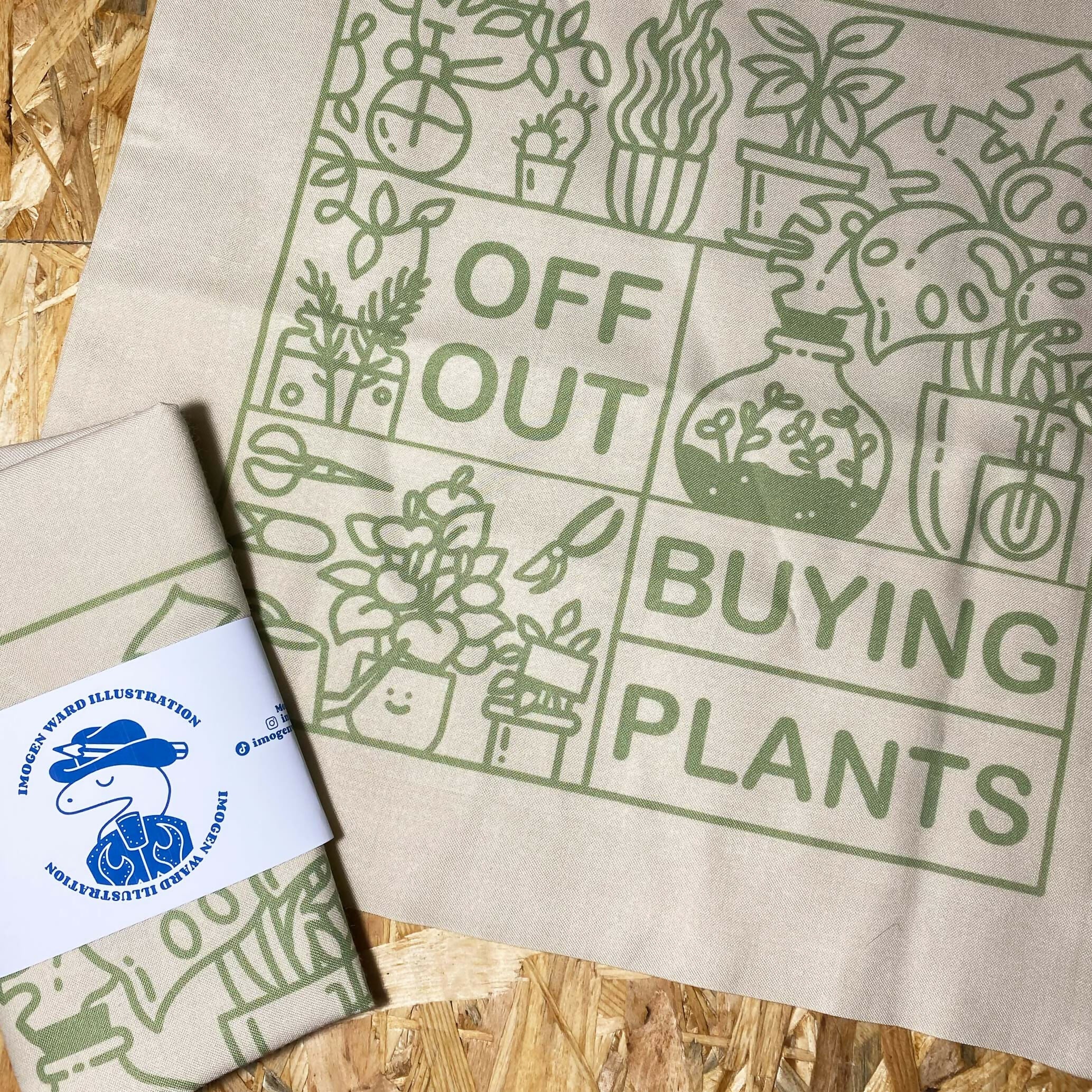 "Off out, Buying Plants" Handprinted, Illustrated, Natural slogan tote bag