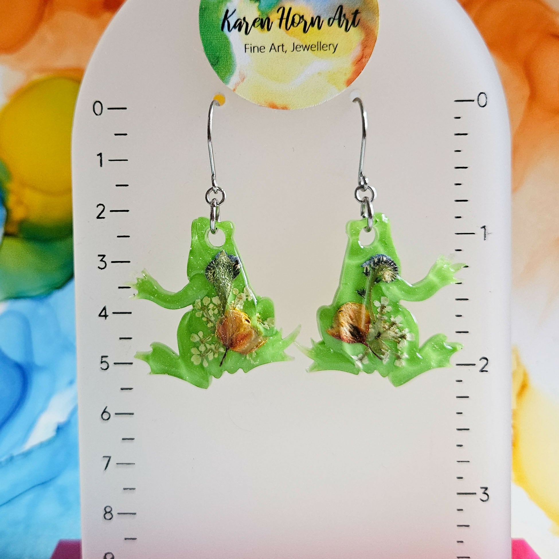 Handmade Resin Green Frogs With Encased Dried Flowers Drop Earrings