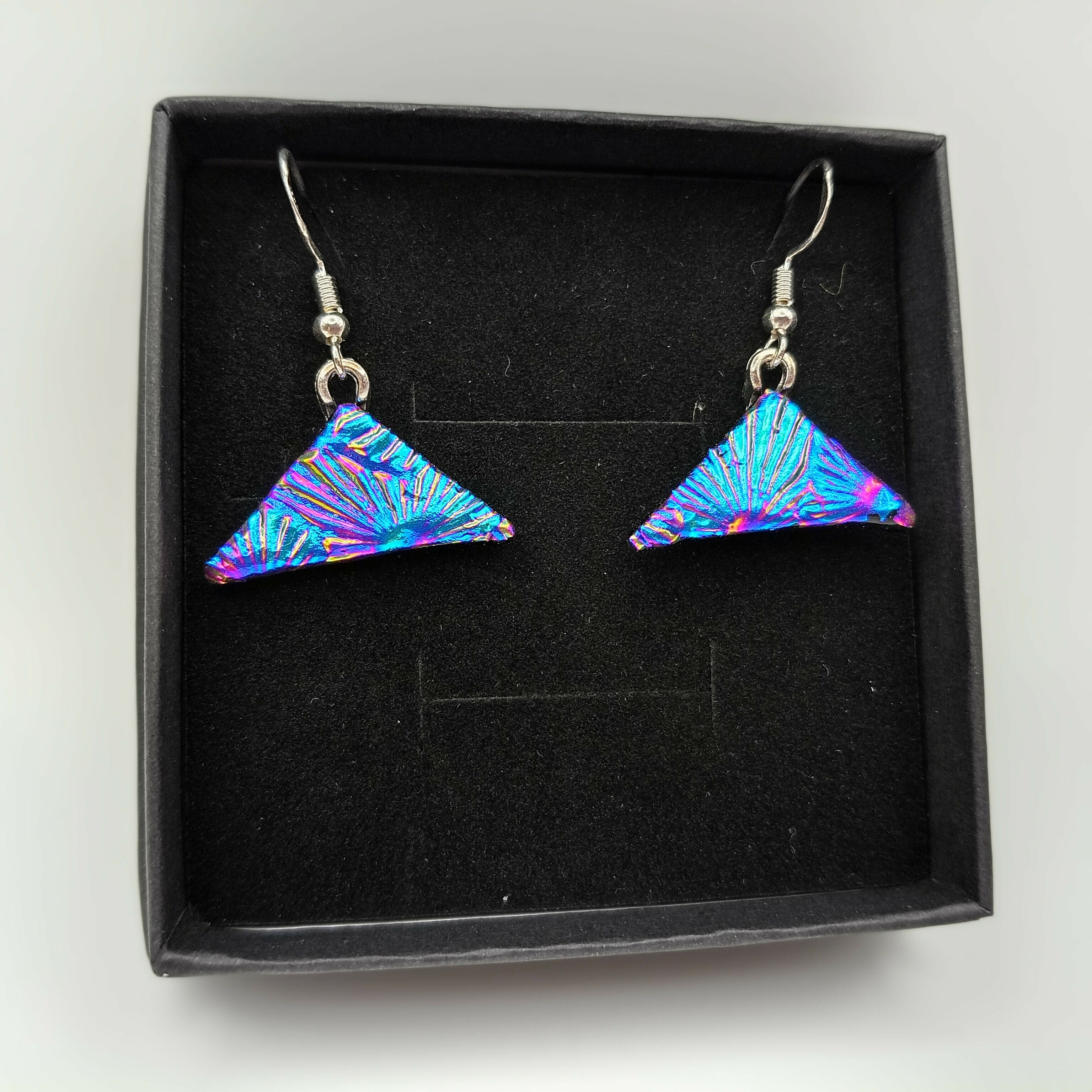 Pink and Blue Rippled Triangular Dichroic Earrings