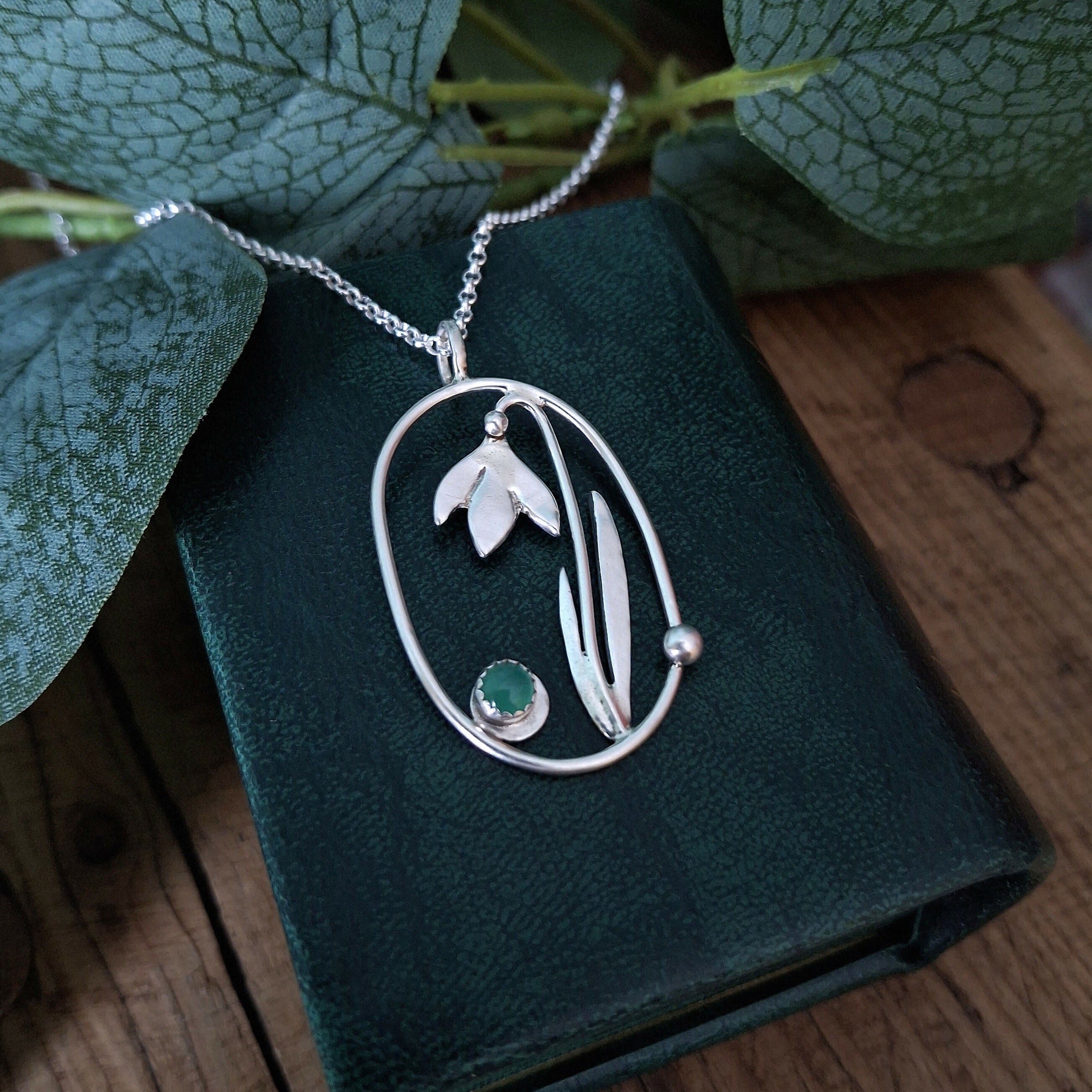 Handmade Large Silver Snowdrop Necklace With Green Onyx
