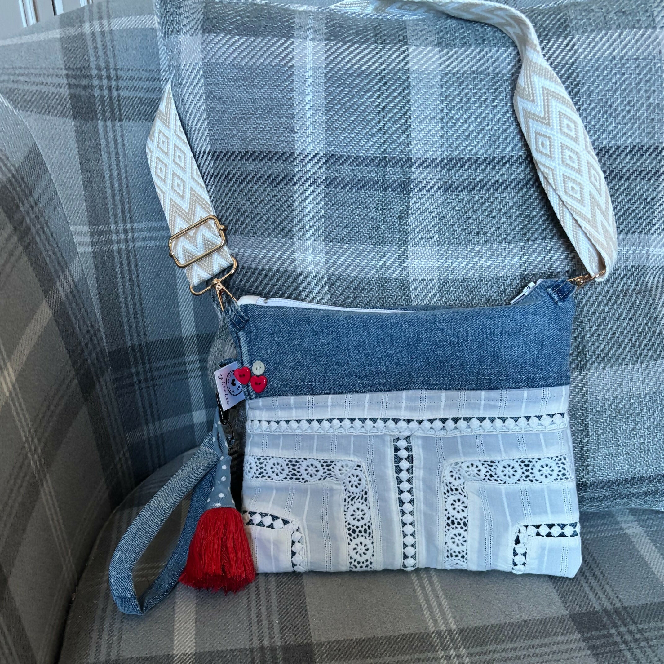 Unique Bag Handbag Made From Upcycled Jeans With Detachable Handle And Wrist Strap Plus Gonk Decoration