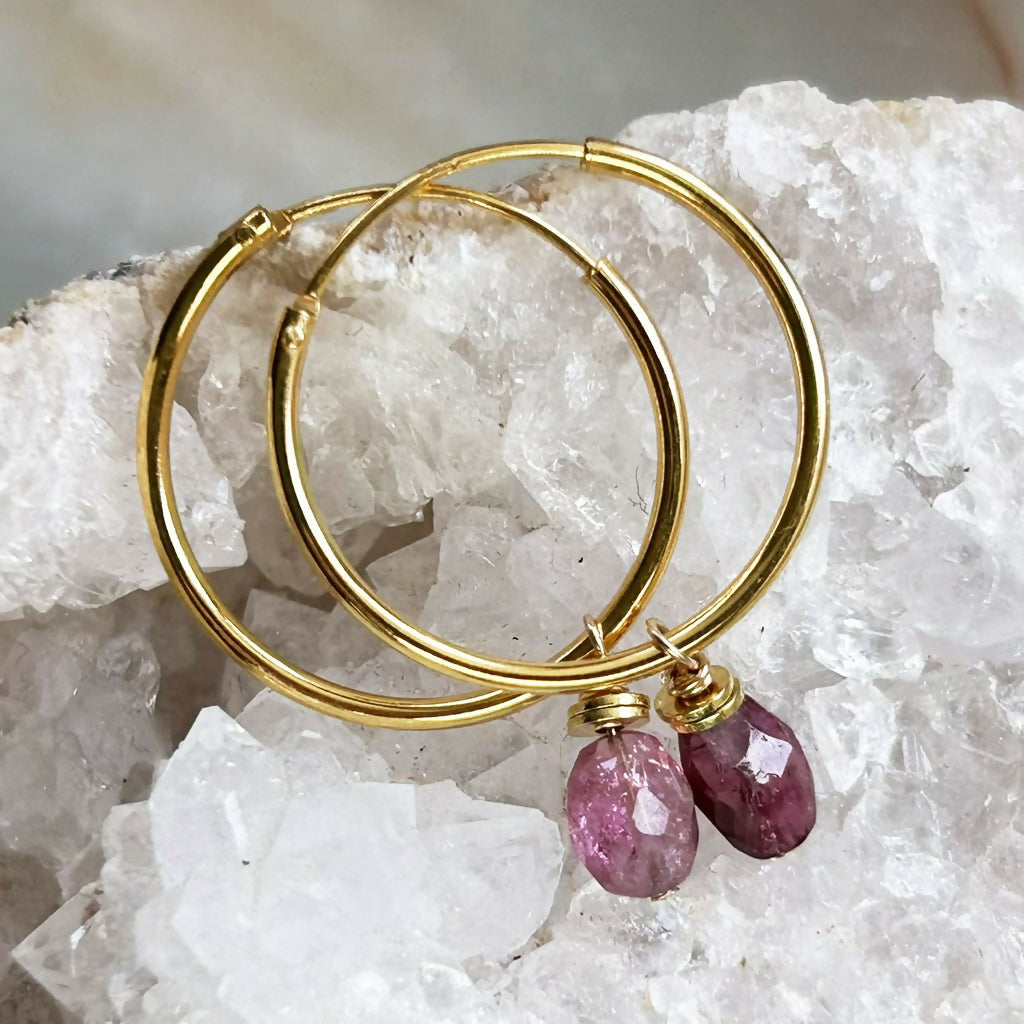 Handmade Gold Vermeil Pink Tourmaline Hoop Earrings