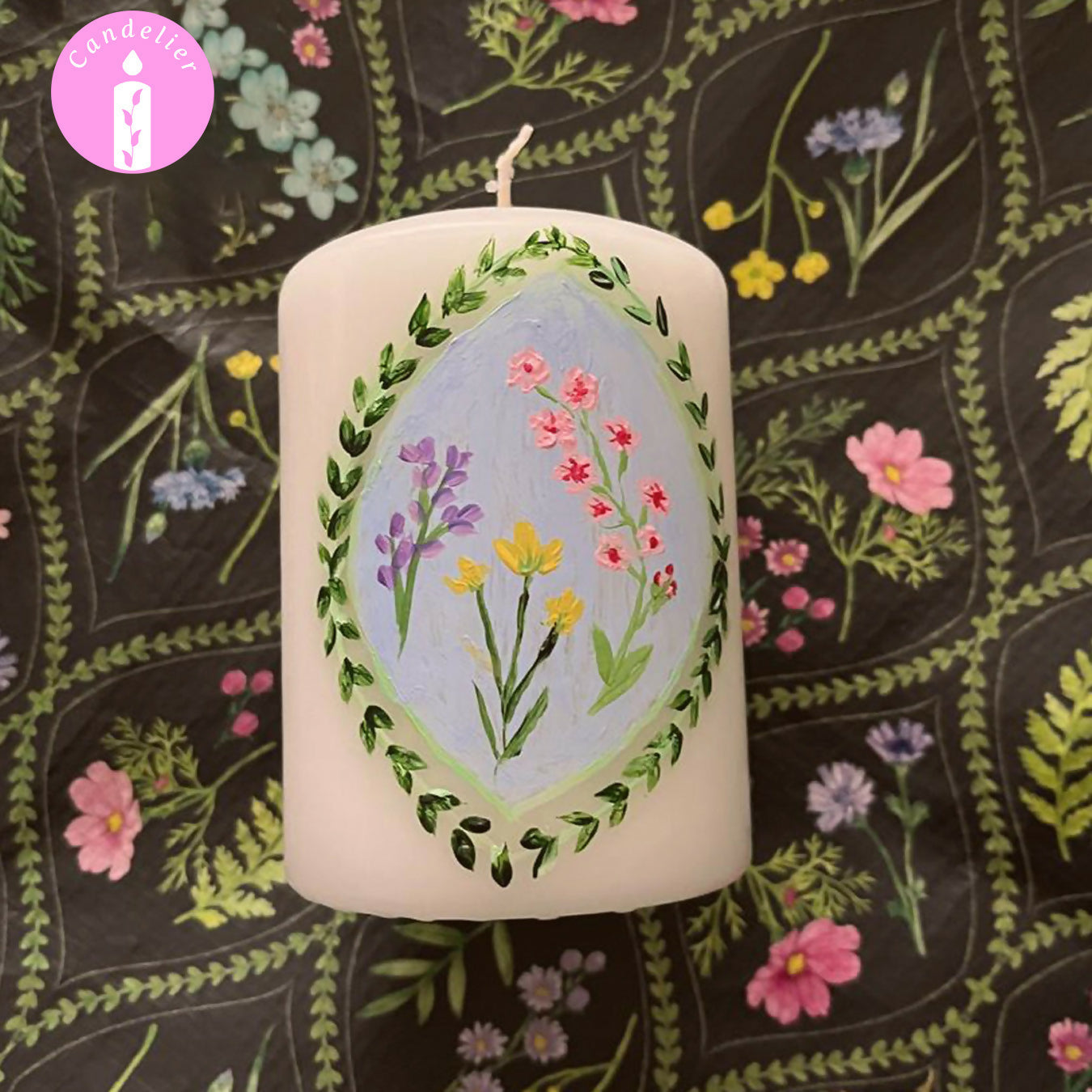 White Candle with Floral Hand Painted Design