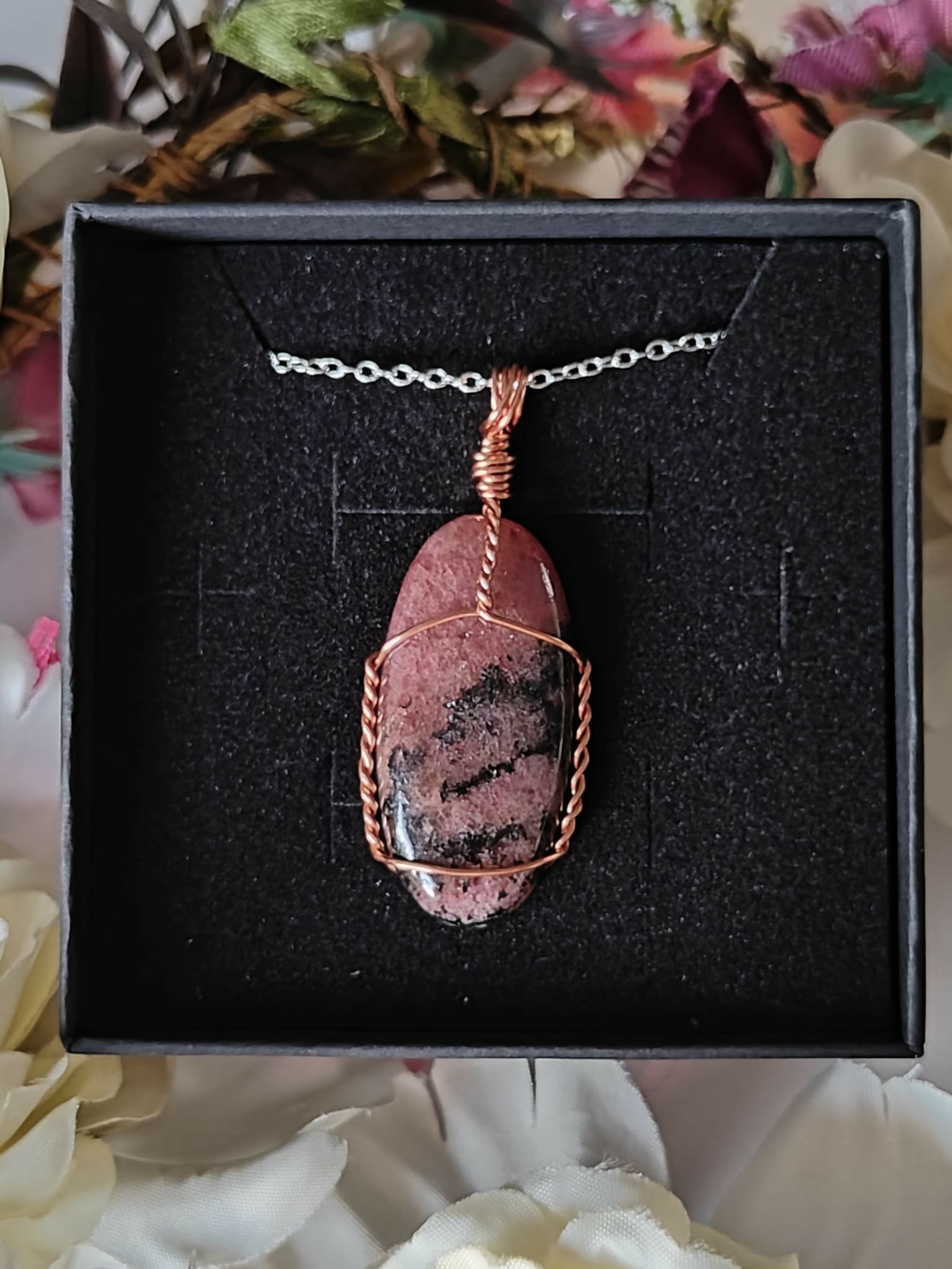 Rhodochrosite Wire Wrapped Crystal Necklace on Sterling Silver Chain