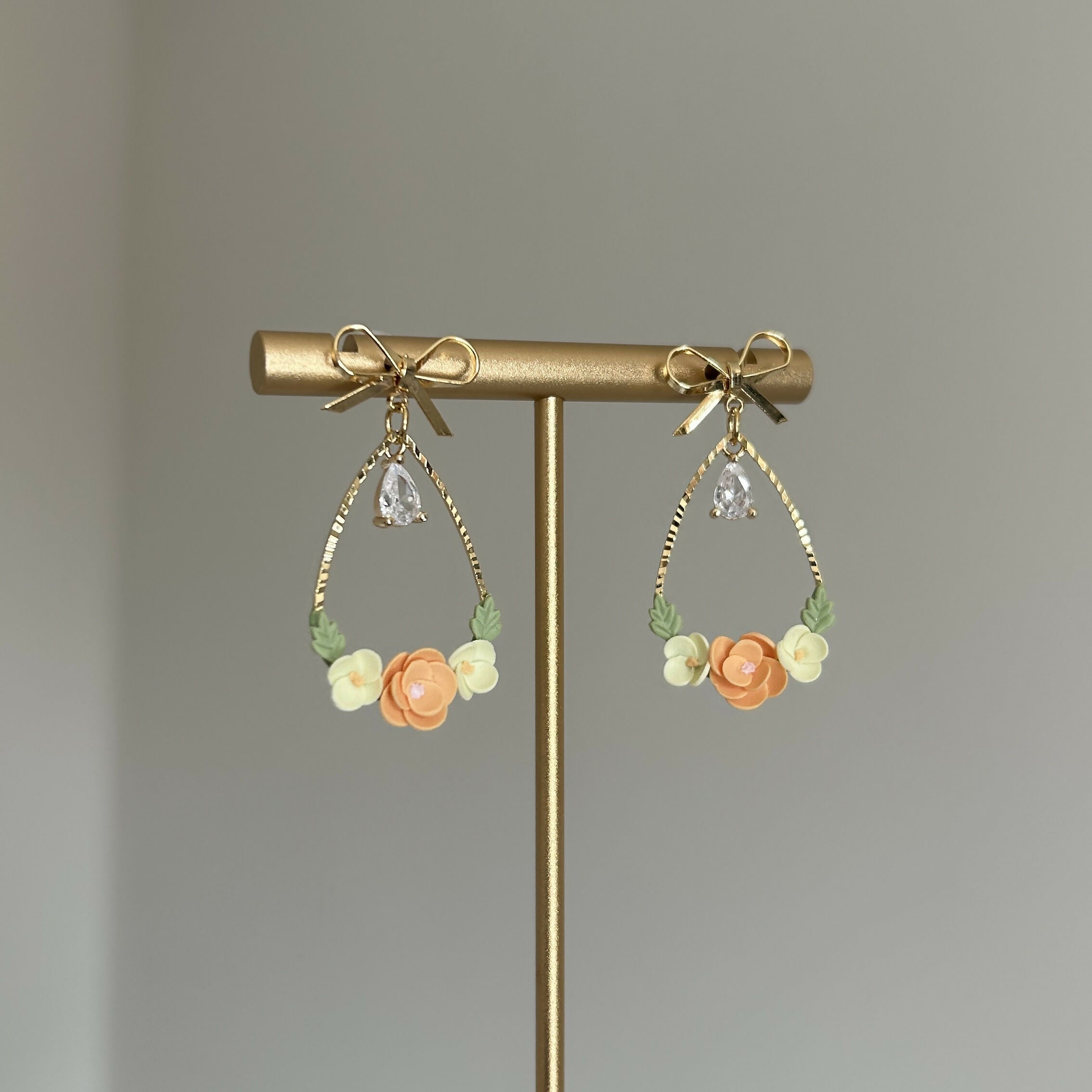 Orange and yellow floral earrings Teardrop
