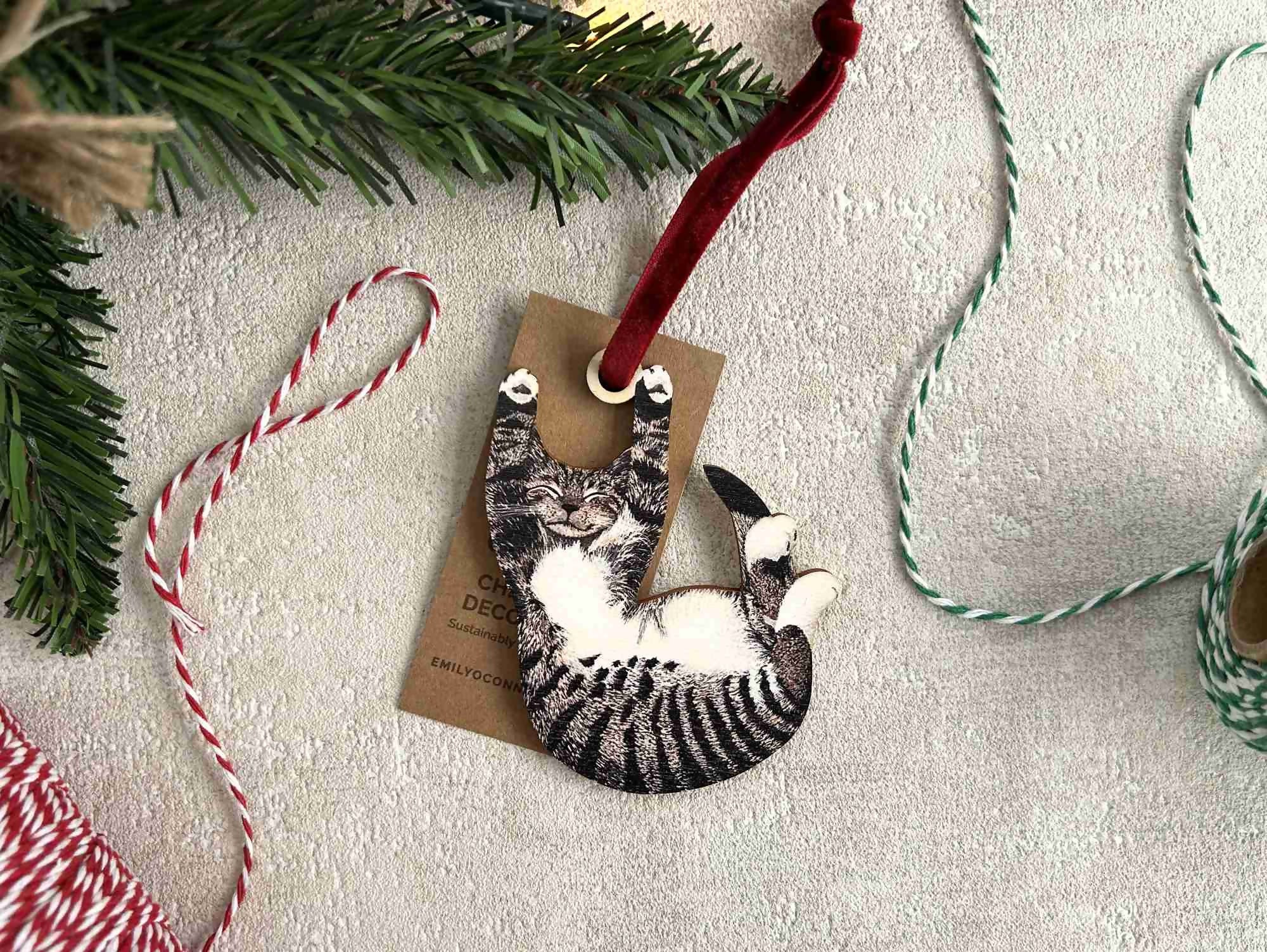 Tabby Cat Wooden Christmas Tree Decoration