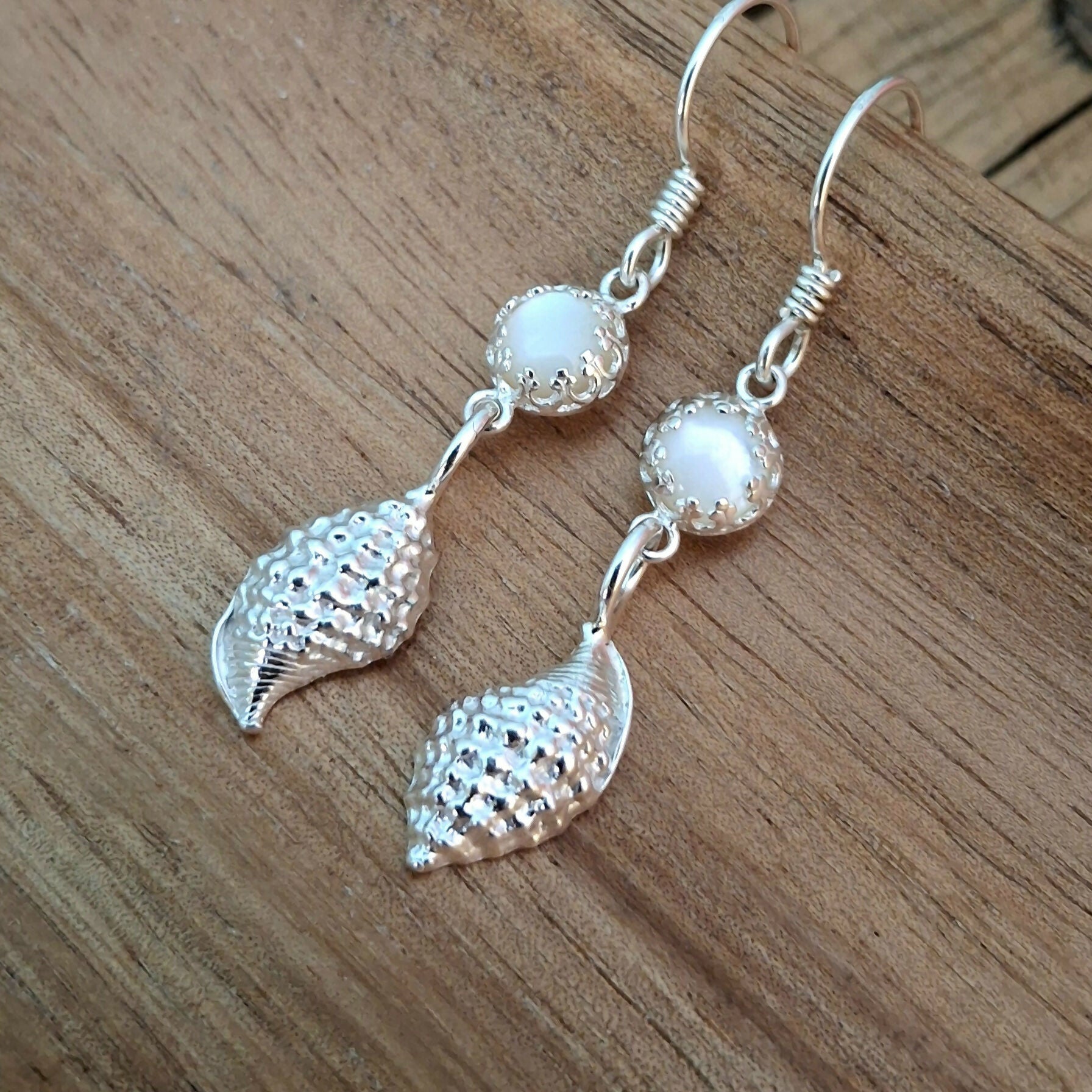 Handmade Textured Silver Shell Earrings With Mother of Pearl