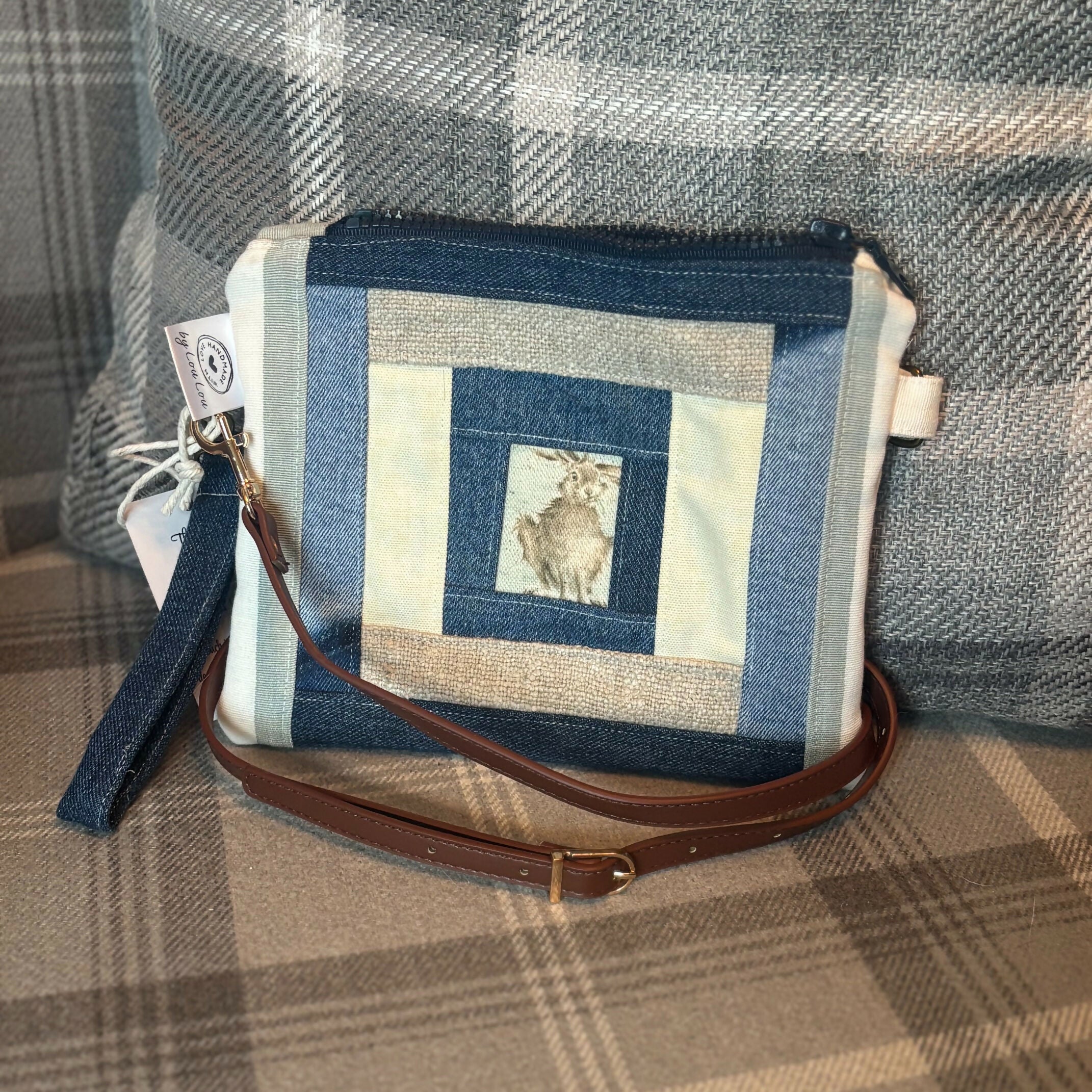 Unique Handcrafted Patchwork Purse Wristie With Crossbody Strap Made From Upcycled Jeans And Animal Print Fabric