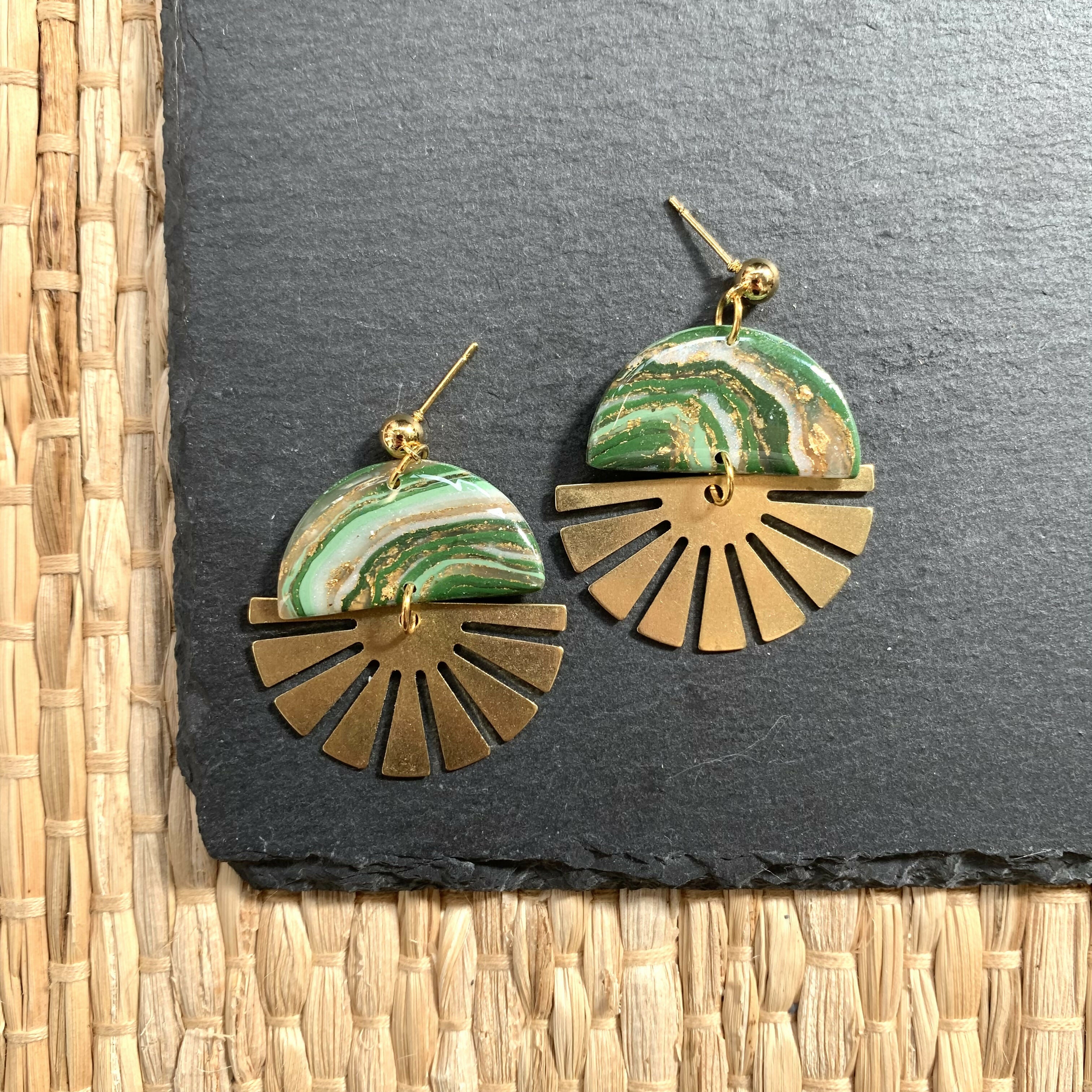 Indie Green Marble Effect Polymer Clay & Brass Sunburst Statement Earrings