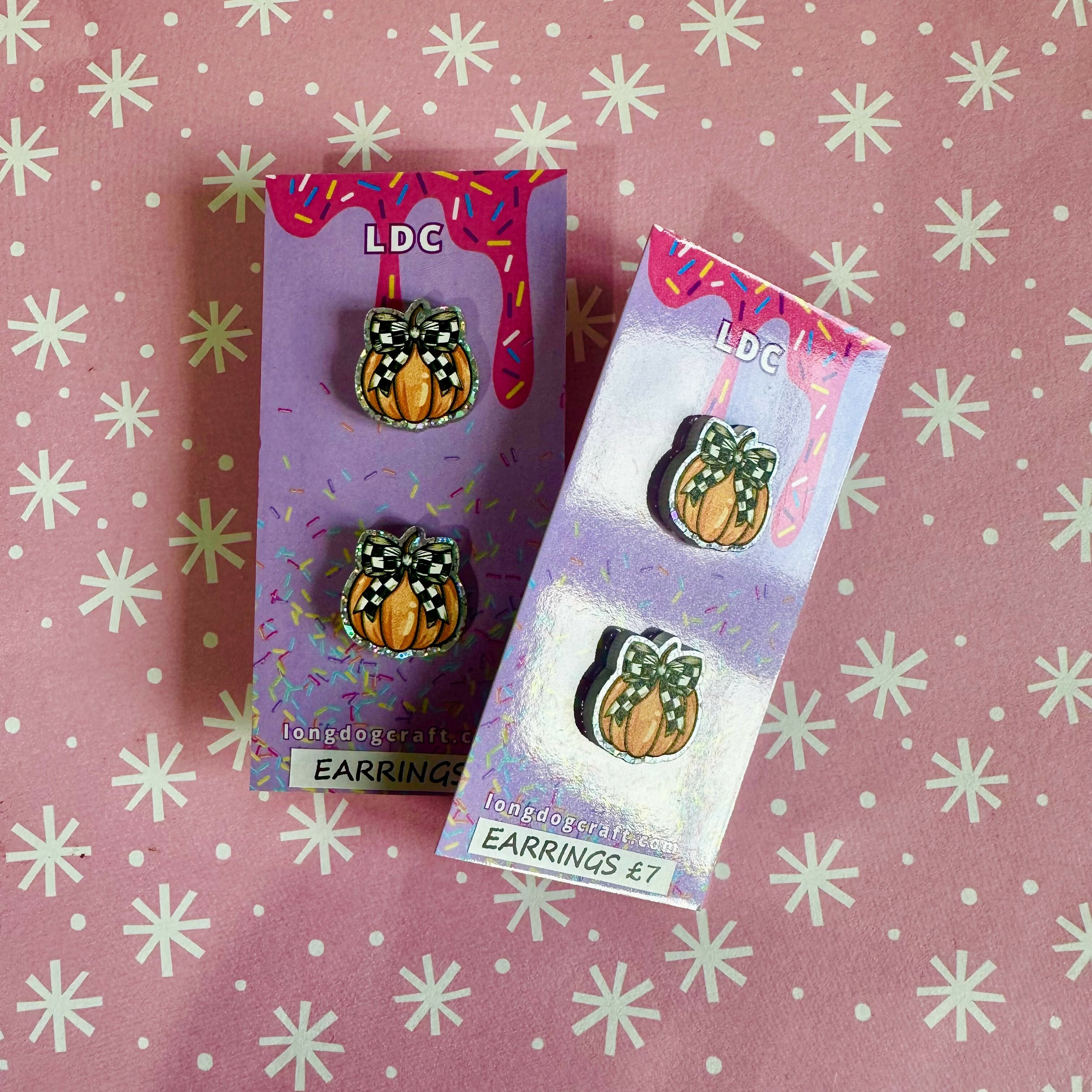 Acrylic Checker Bow Pumpkin Stud Earrings