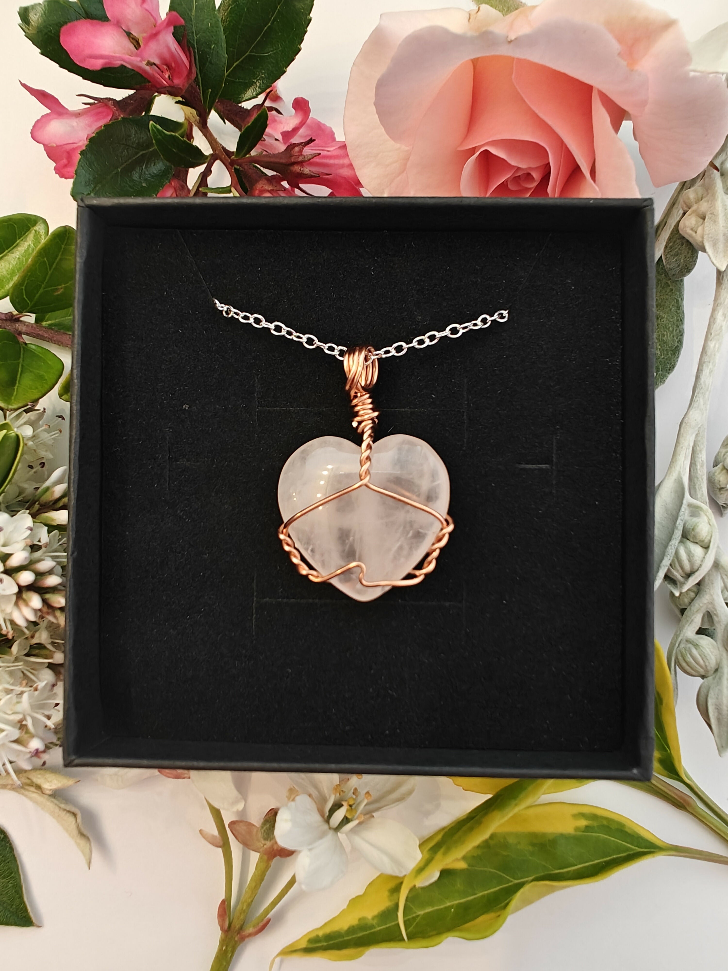 Rose Quartz Wire Wrapped Crystal Heart Necklace on Sterling Silver Chain