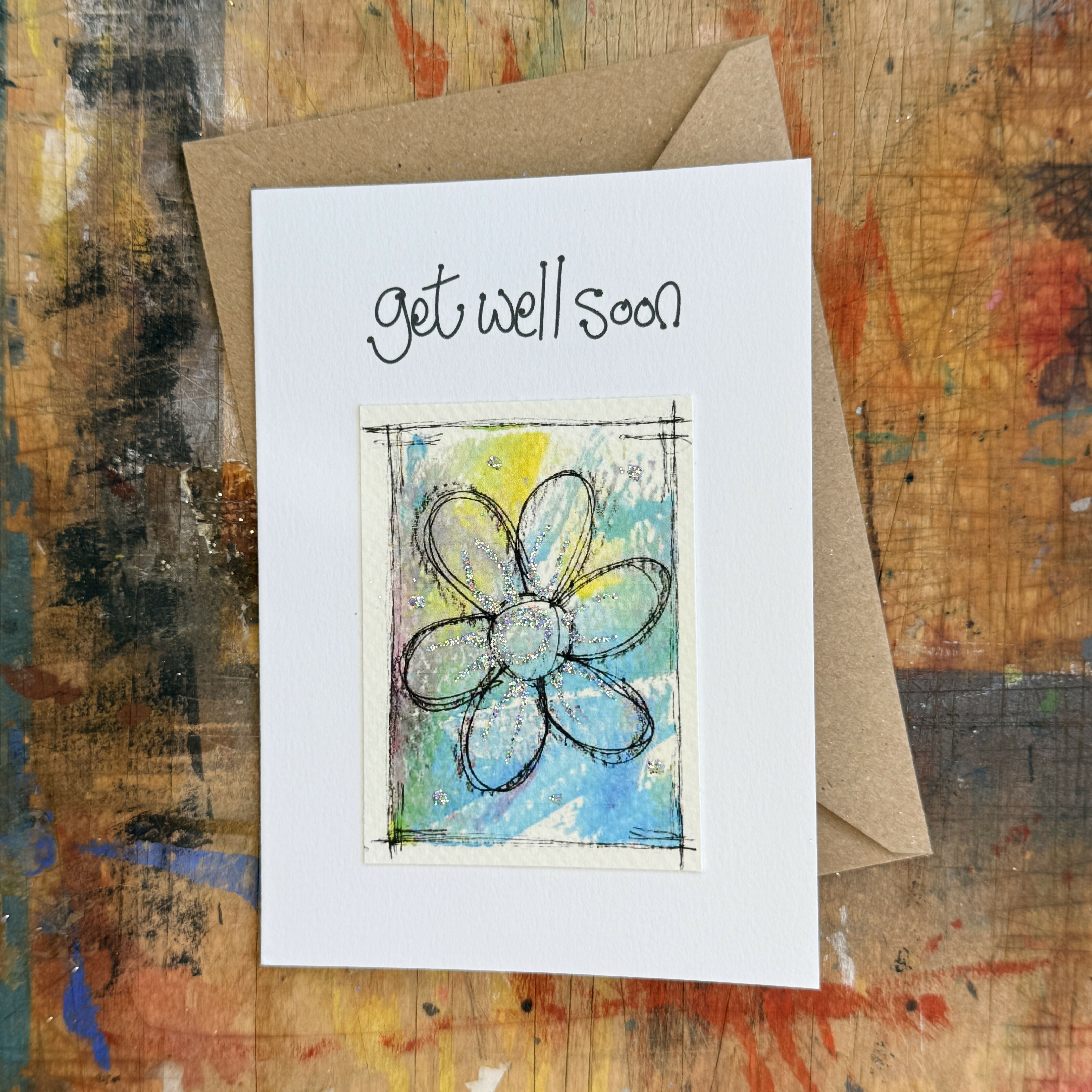 Abstract Sparkle Flower Get Well Soon Card in Blue